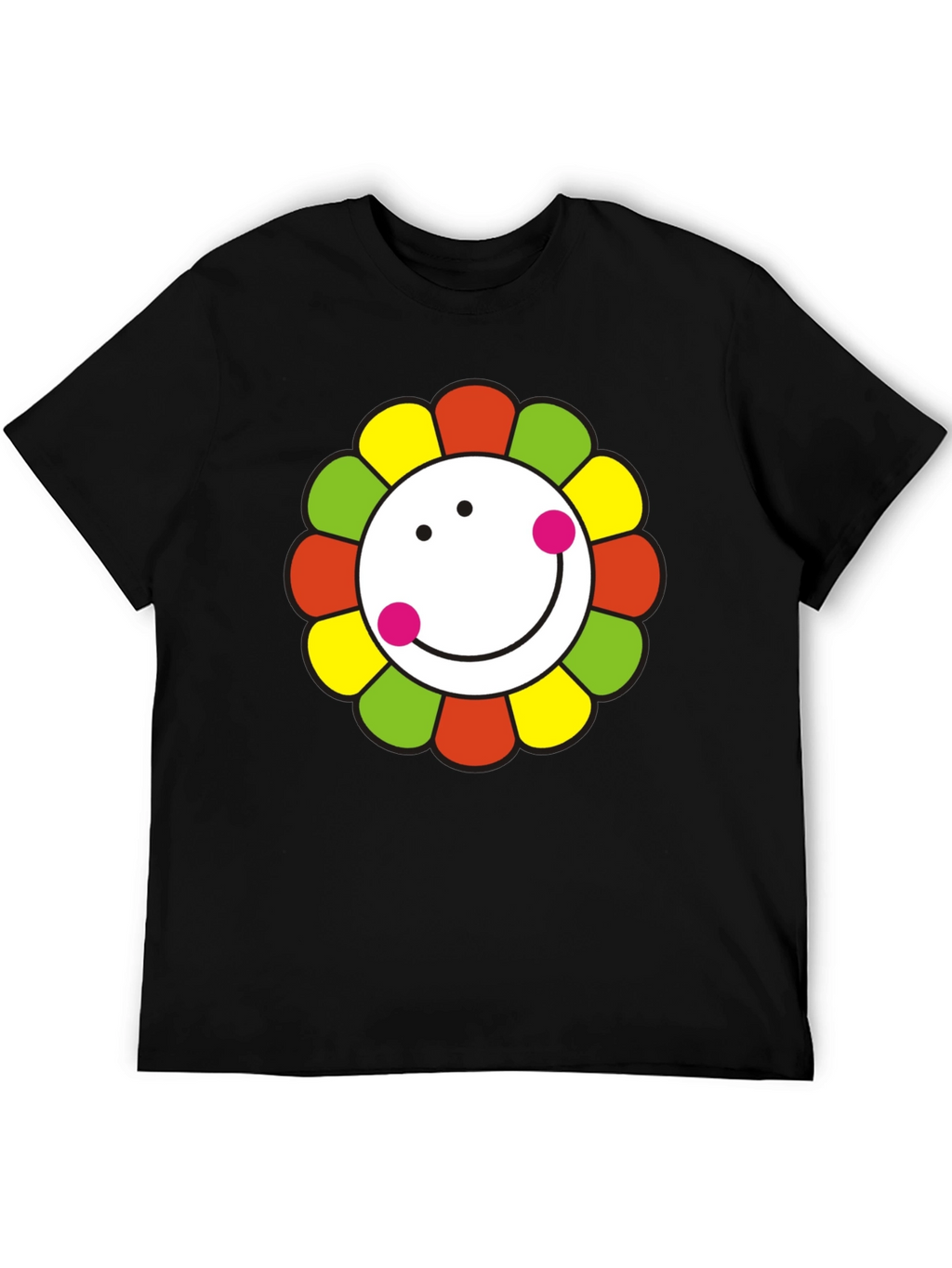 Smiley Flower Graphic T-Shirt - Black Cotton Tee