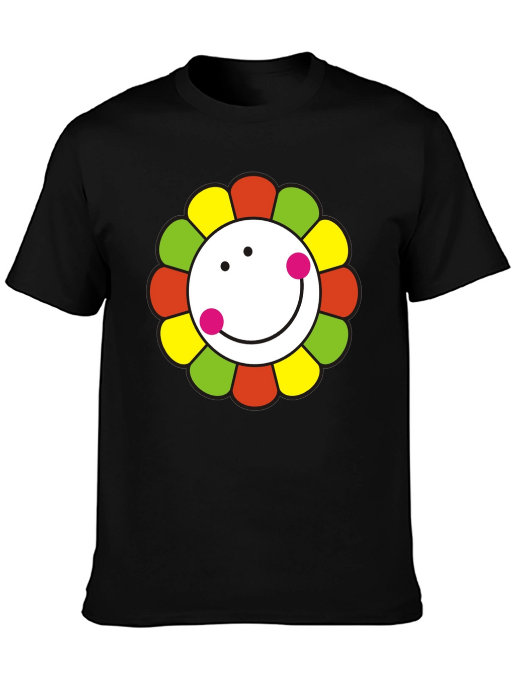 Smiley Flower Graphic T-Shirt - Black Cotton Tee