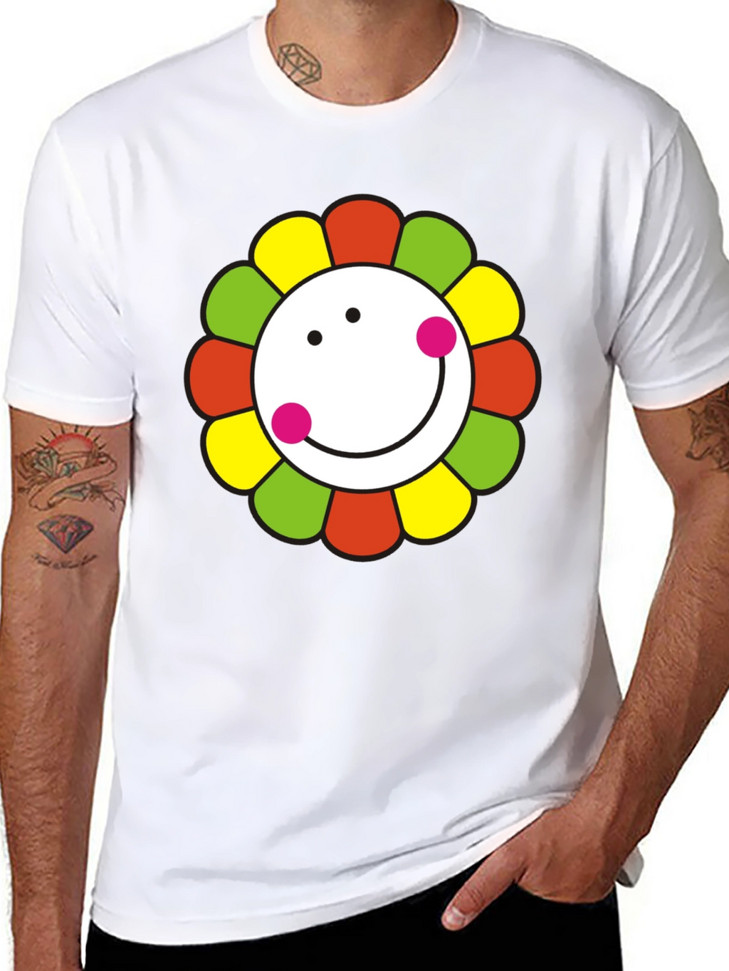 Smiley Flower Graphic T-Shirt - Black Cotton Tee
