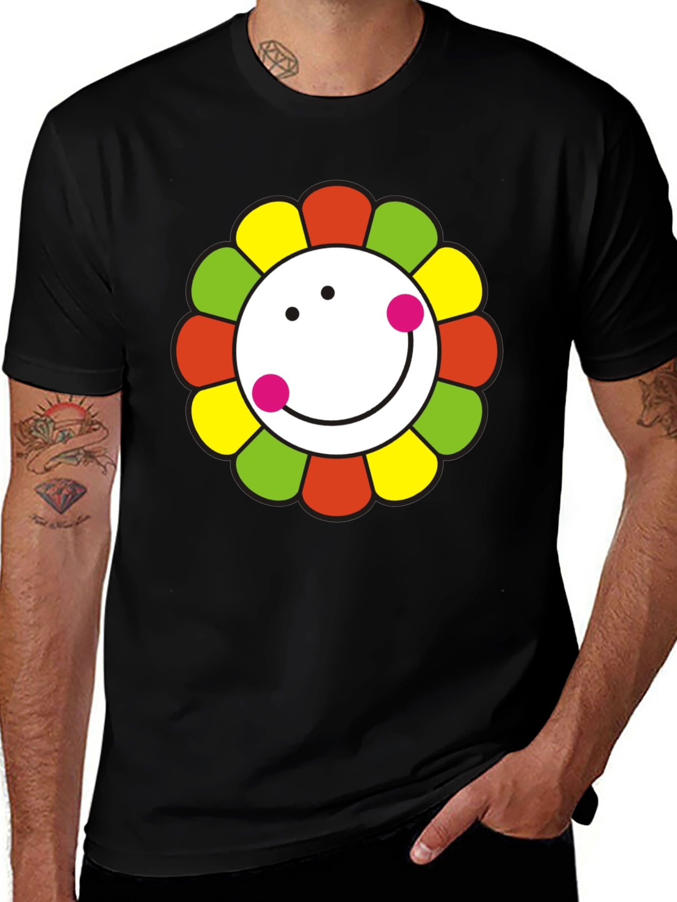 Smiley Flower Graphic T-Shirt - Black Cotton Tee