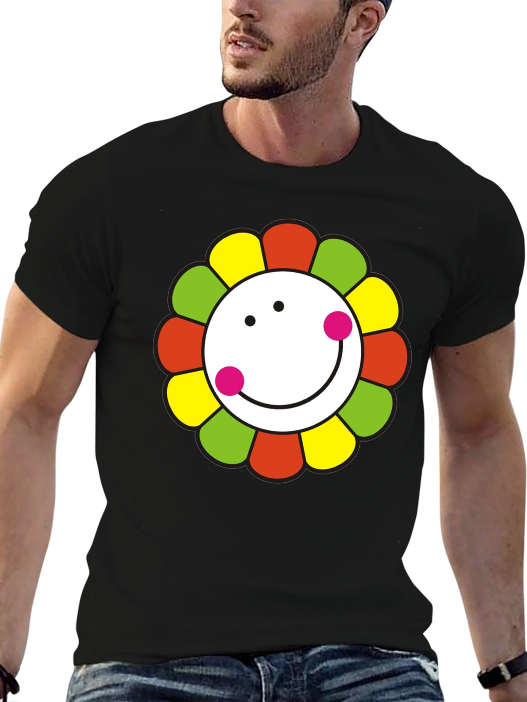 Smiley Flower Graphic T-Shirt - Black Cotton Tee