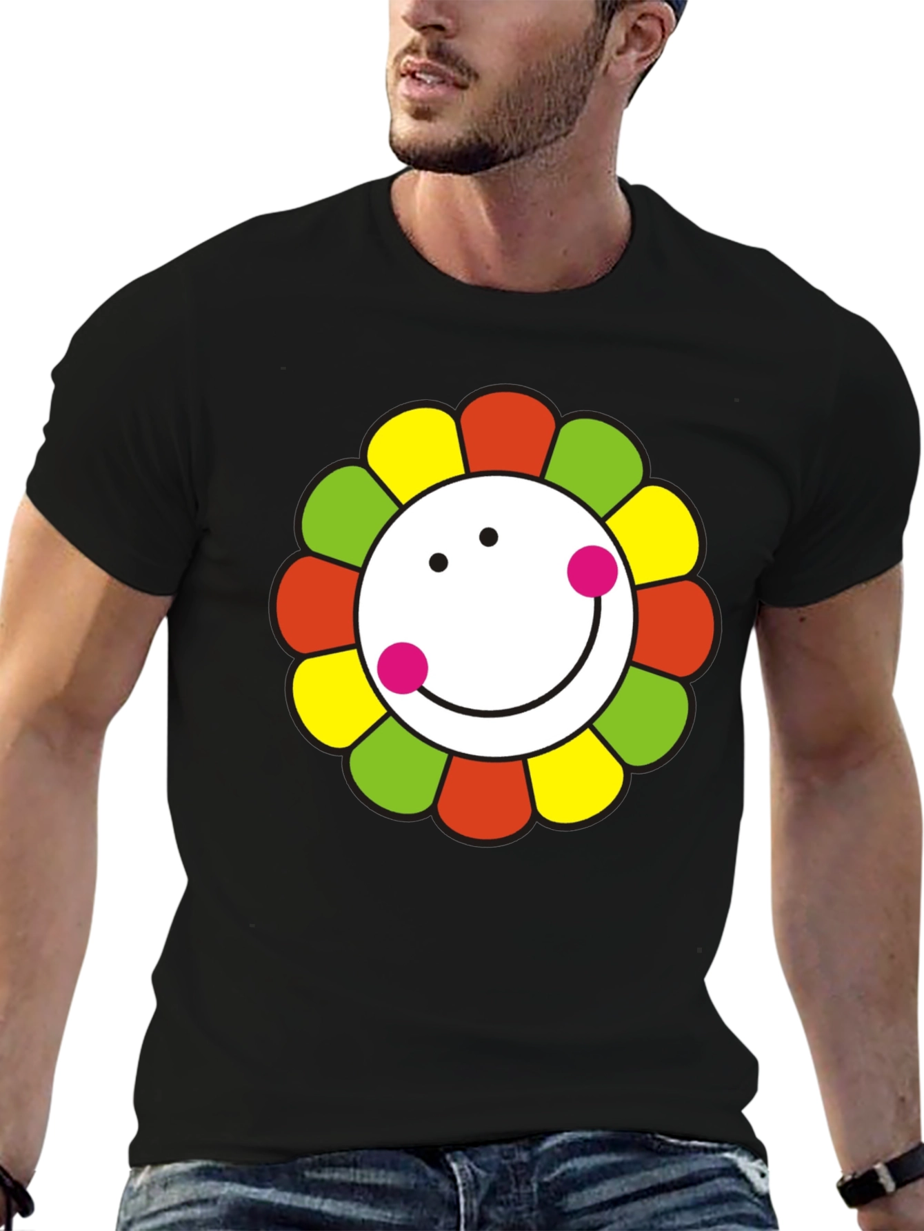 Smiley Flower Graphic T-Shirt - Black Cotton Tee