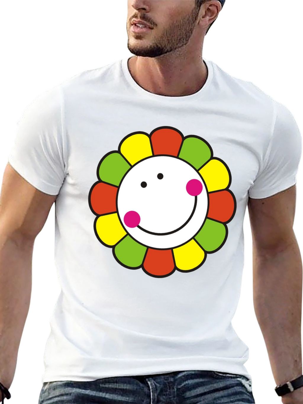 Smiley Flower Graphic T-Shirt - Black Cotton Tee