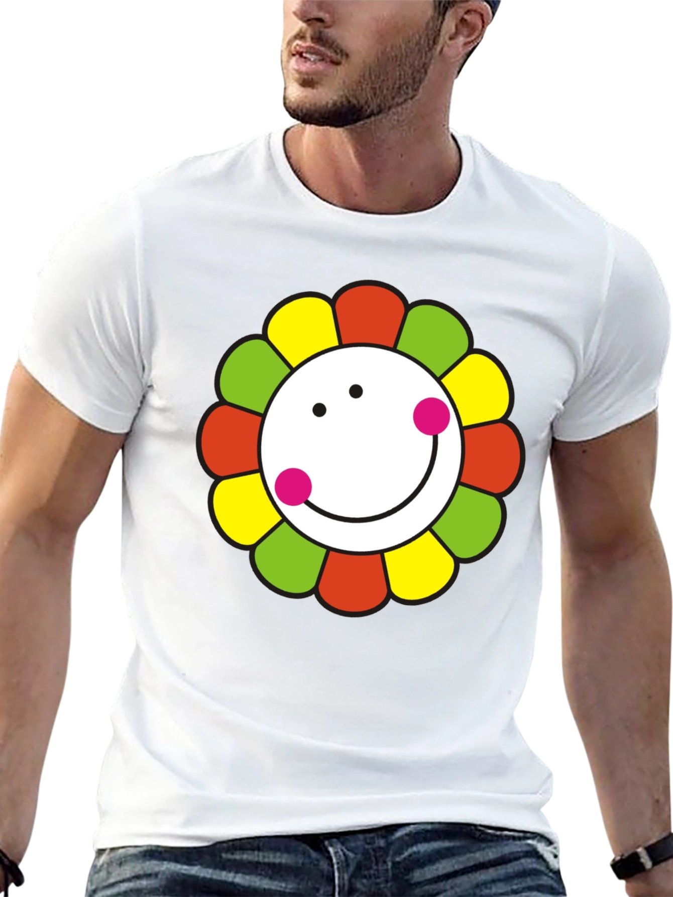 Smiley Flower Graphic T-Shirt - Black Cotton Tee