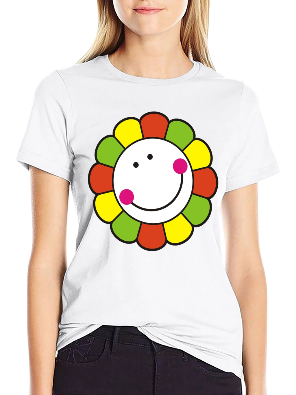 Smiley Flower Graphic T-Shirt - Black Cotton Tee