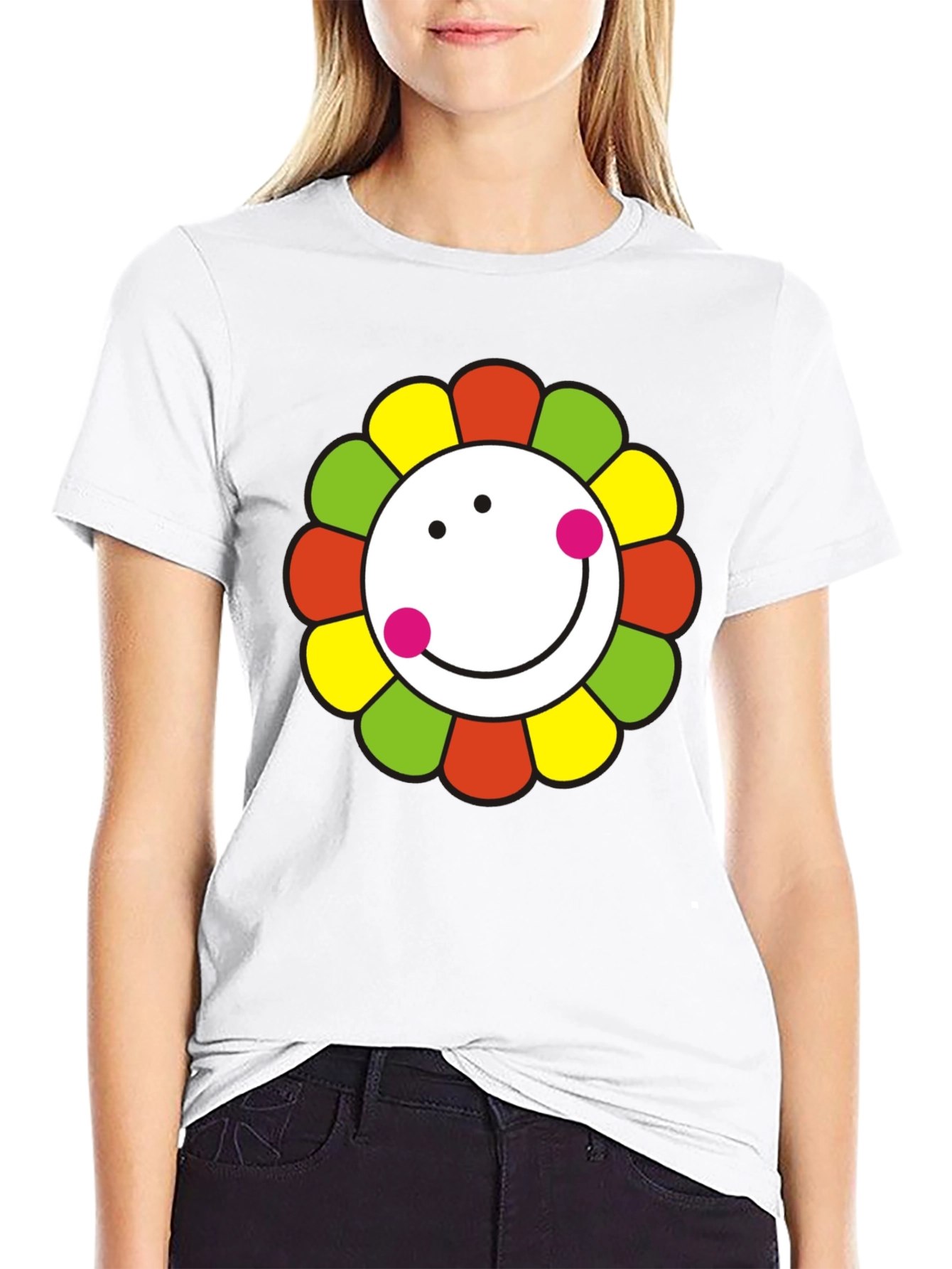 Smiley Flower Graphic T-Shirt - Black Cotton Tee
