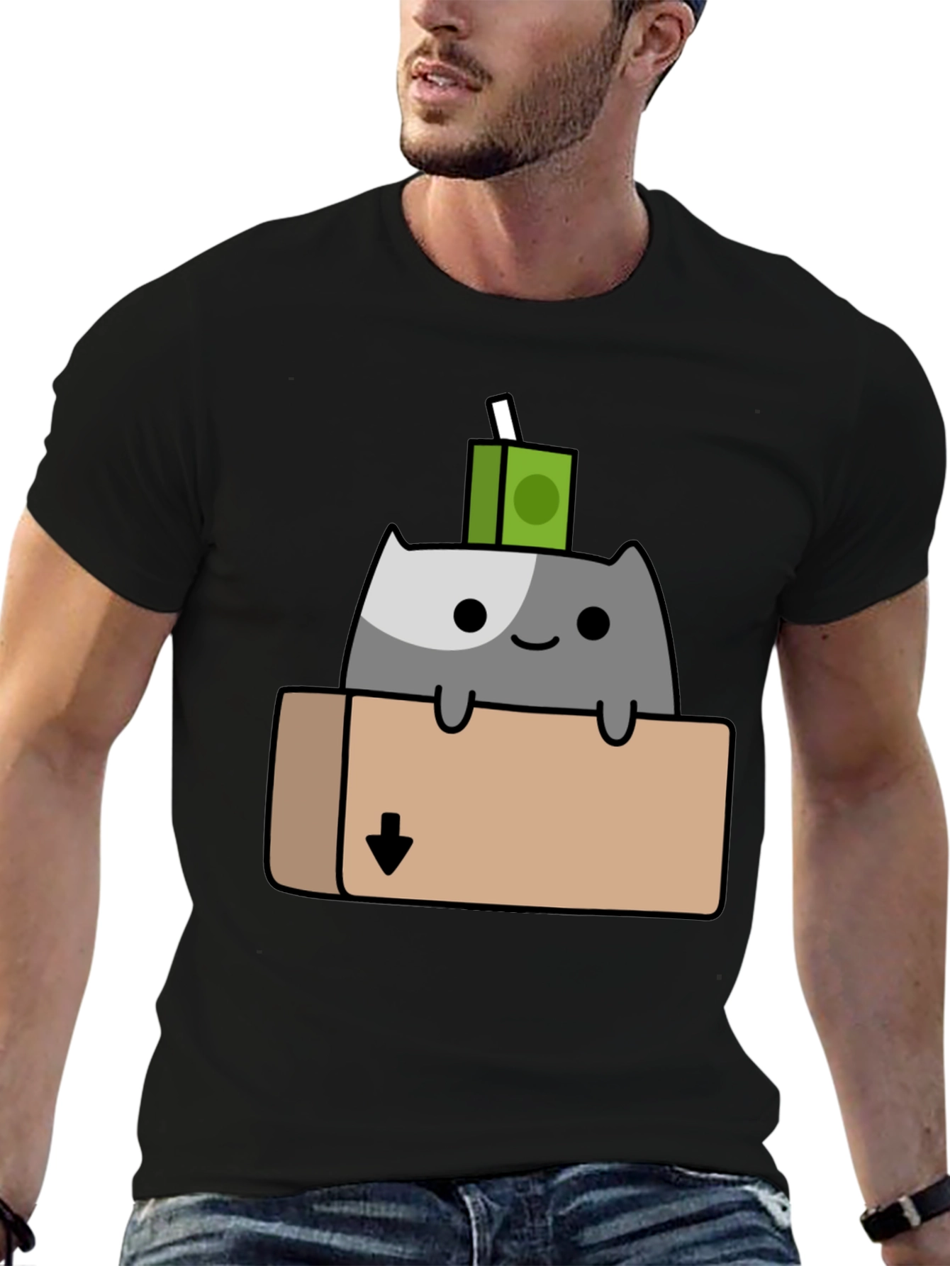 Cat in Box T-Shirt - Quirky Cartoon Design