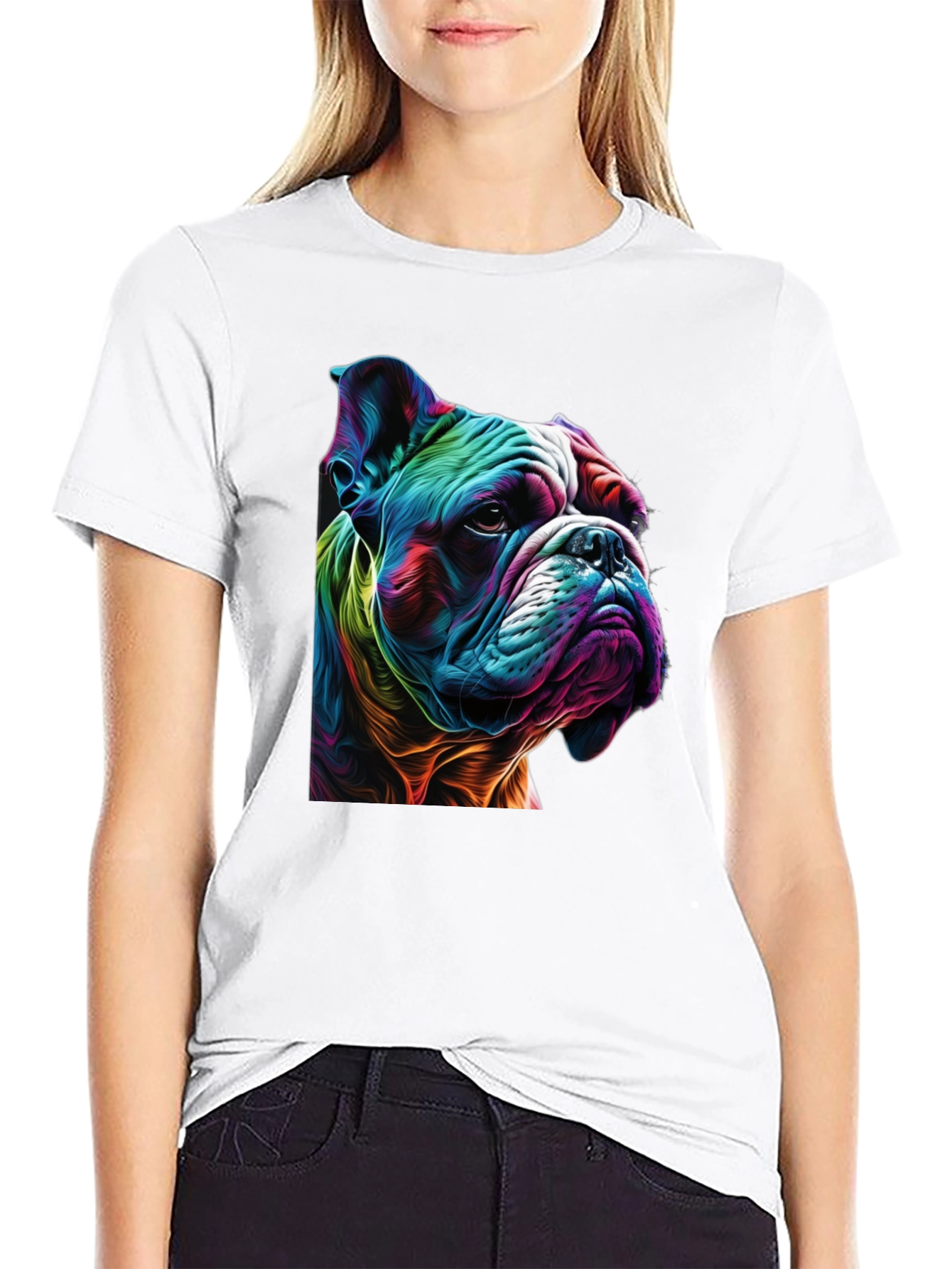 Colorful Bulldog Graphic Print Black T-Shirt