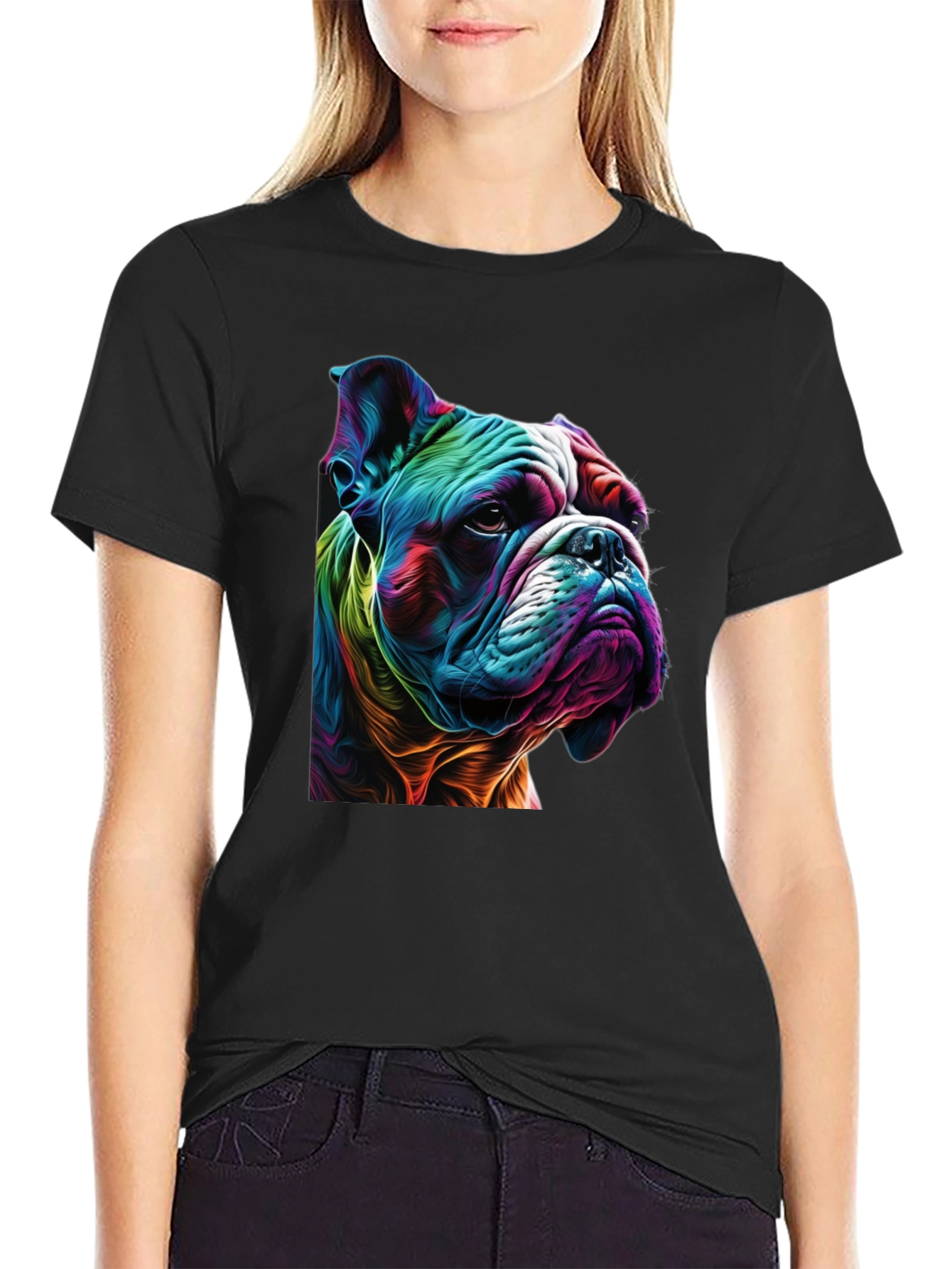 Colorful Bulldog Graphic Print Black T-Shirt