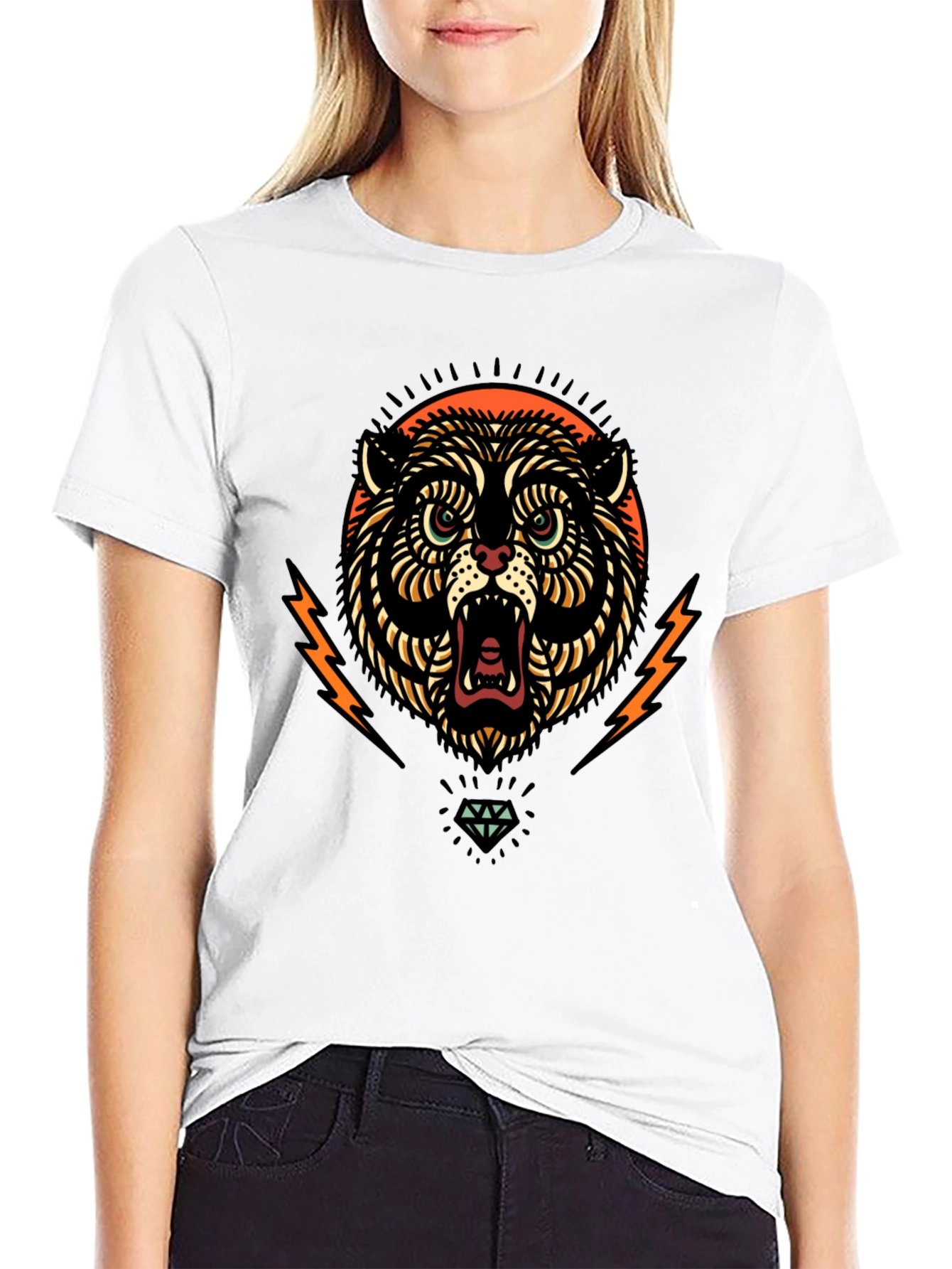 Black Graphic Tee - Tiger Lightning Diamond Design