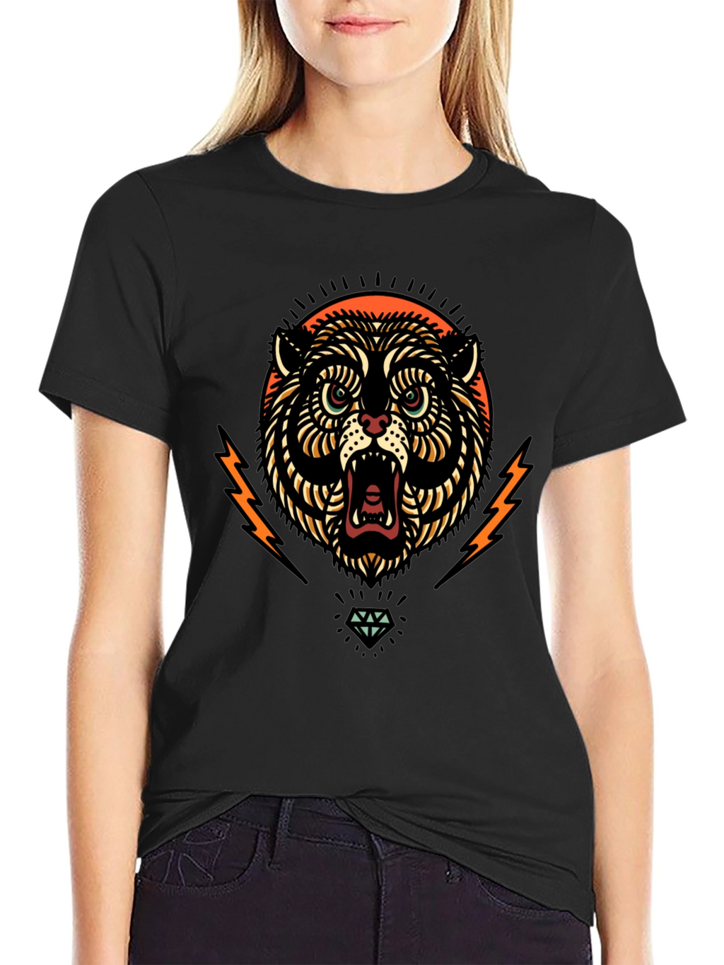 Black Graphic Tee - Tiger Lightning Diamond Design