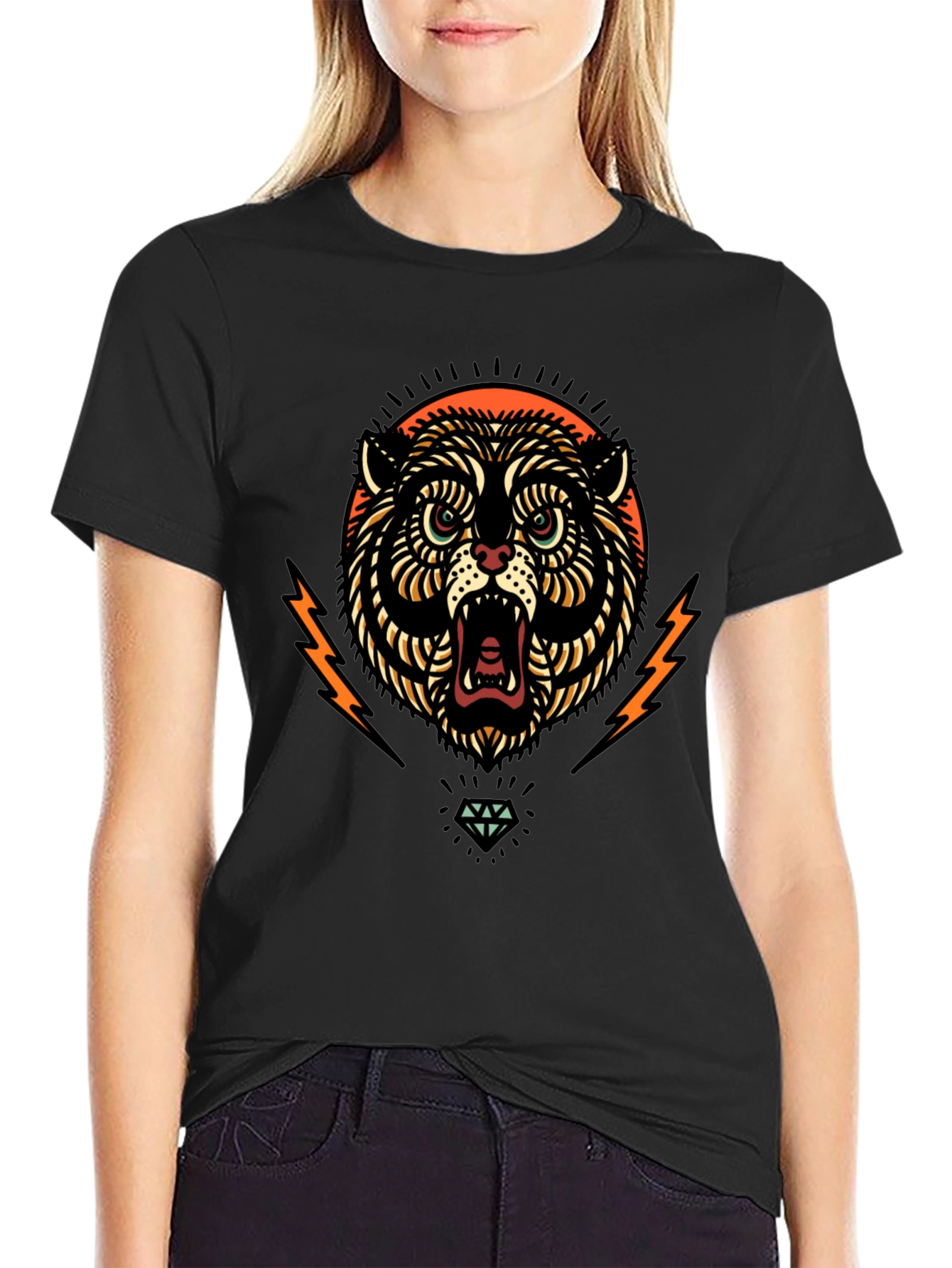 Black Graphic Tee - Tiger Lightning Diamond Design