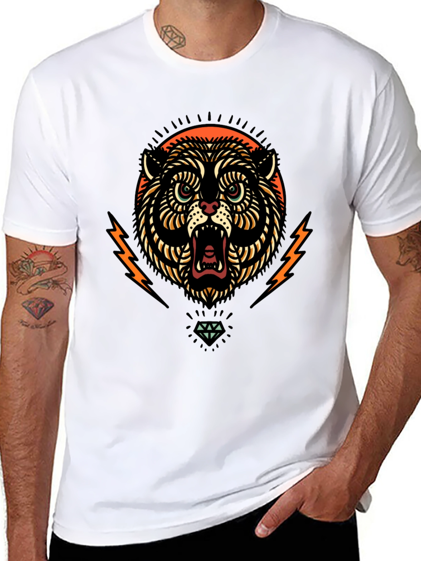 Black Graphic Tee - Tiger Lightning Diamond Design