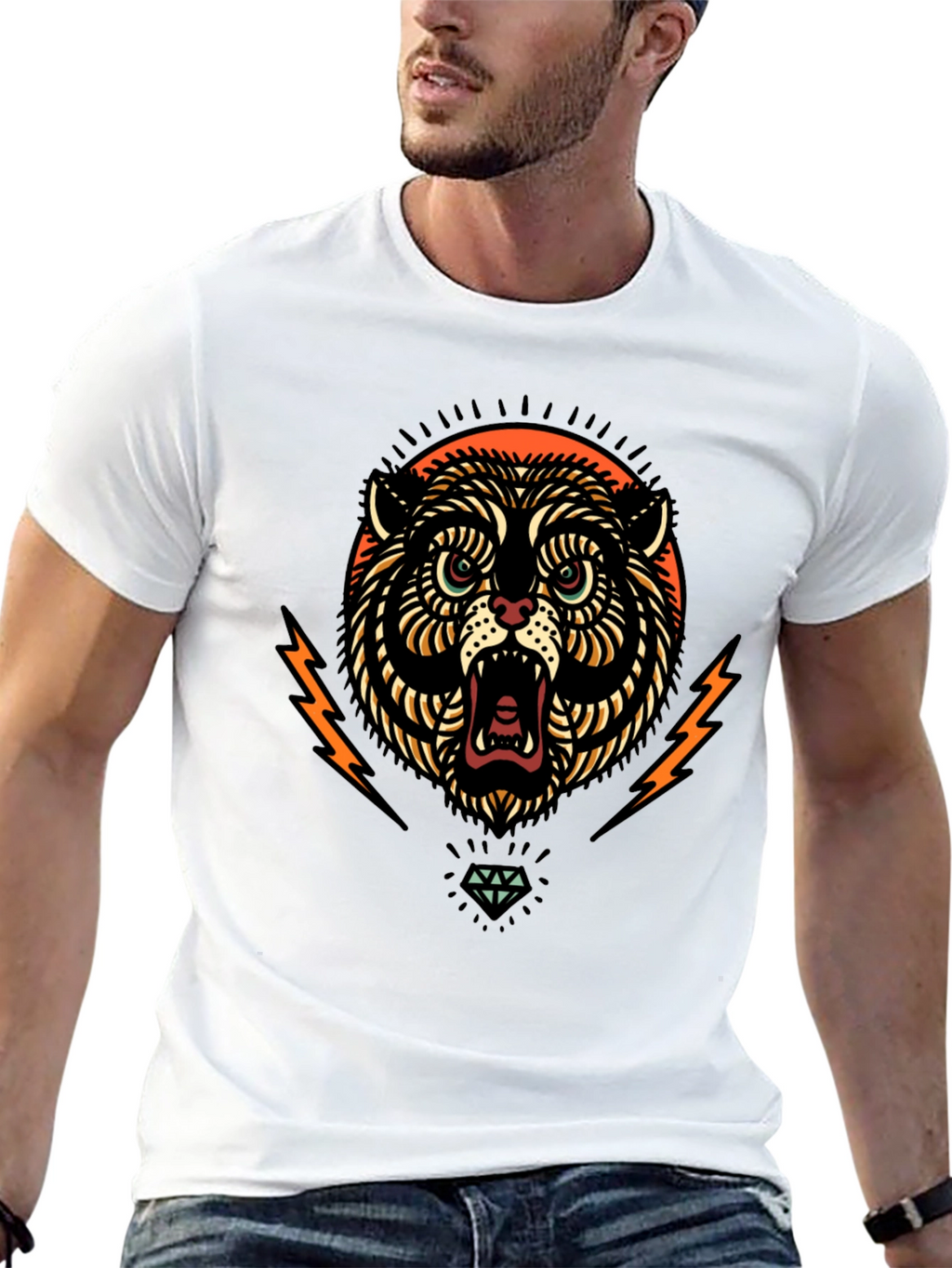 Black Graphic Tee - Tiger Lightning Diamond Design