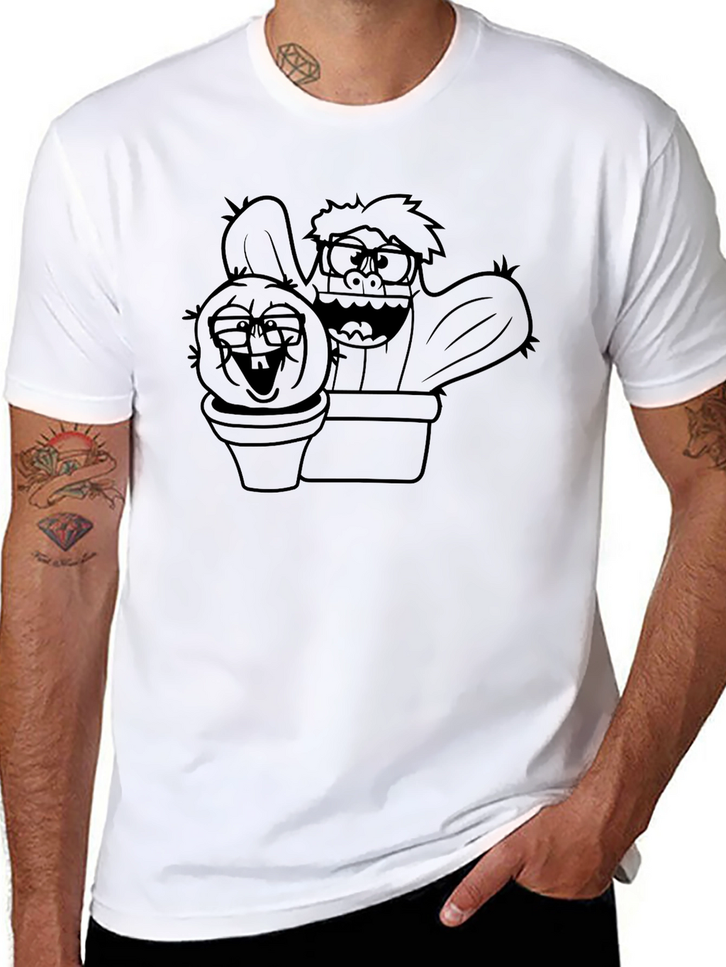 Cartoon Cactus Graphic Tee - Black