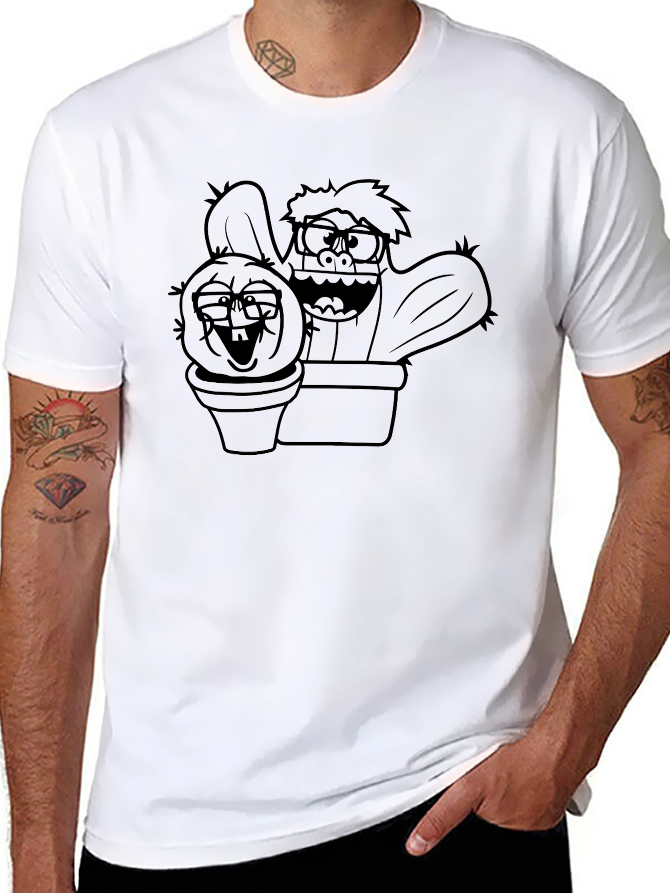 Cartoon Cactus Graphic Tee - Black