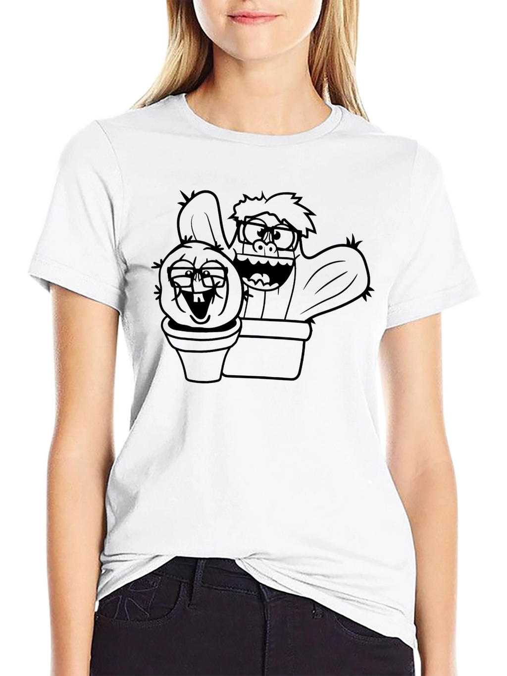 Cartoon Cactus Graphic Tee - Black