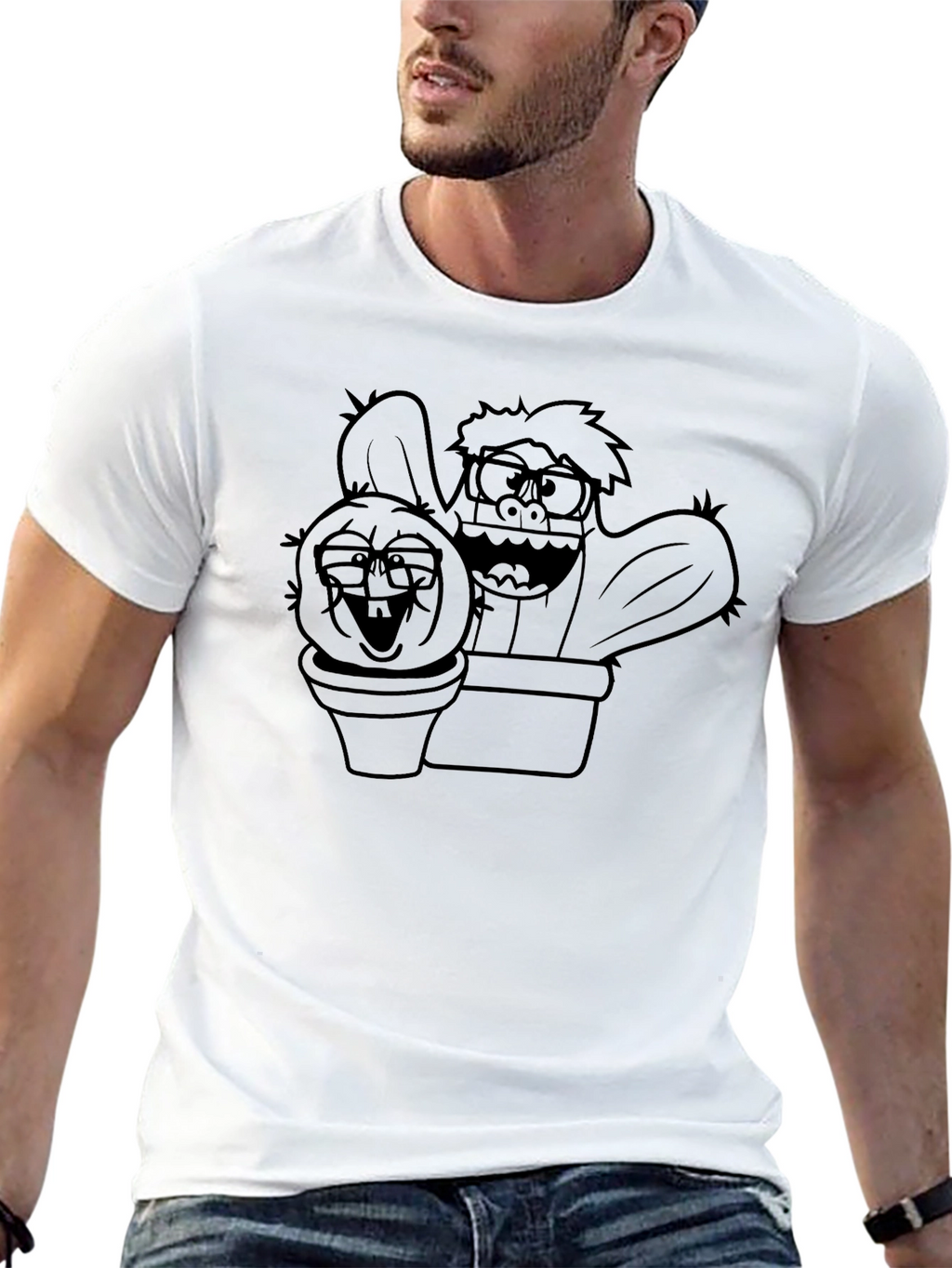 Cartoon Cactus Graphic Tee - Black