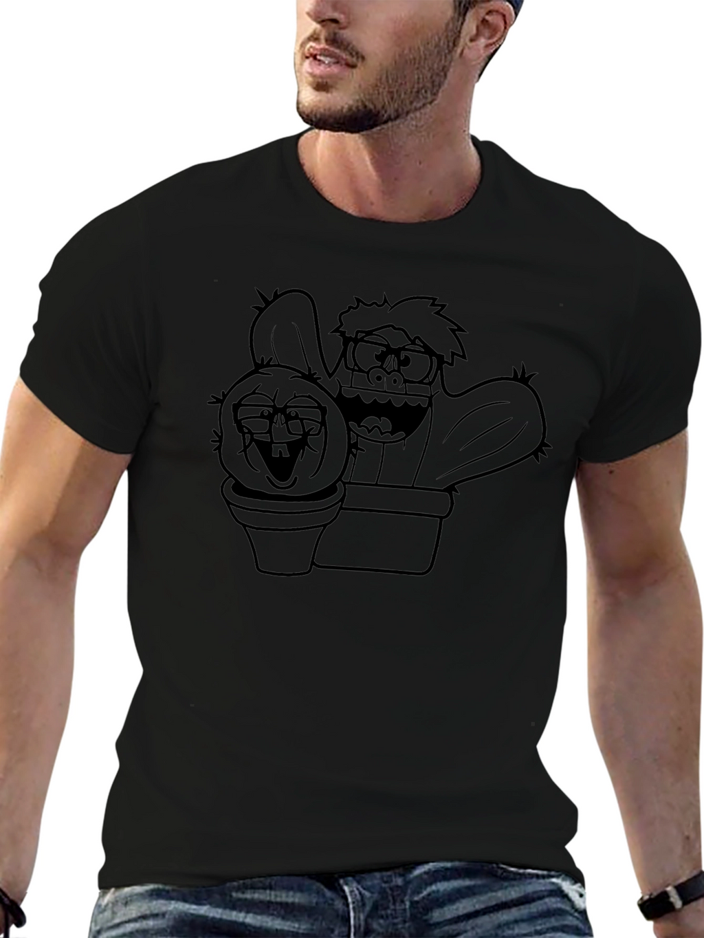 Cartoon Cactus Graphic Tee - Black