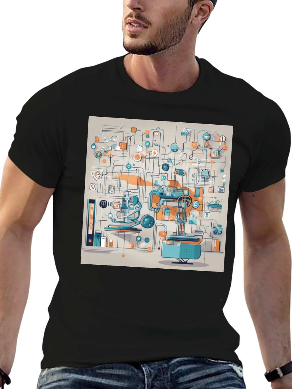Abstract Machine Print Black T-Shirt