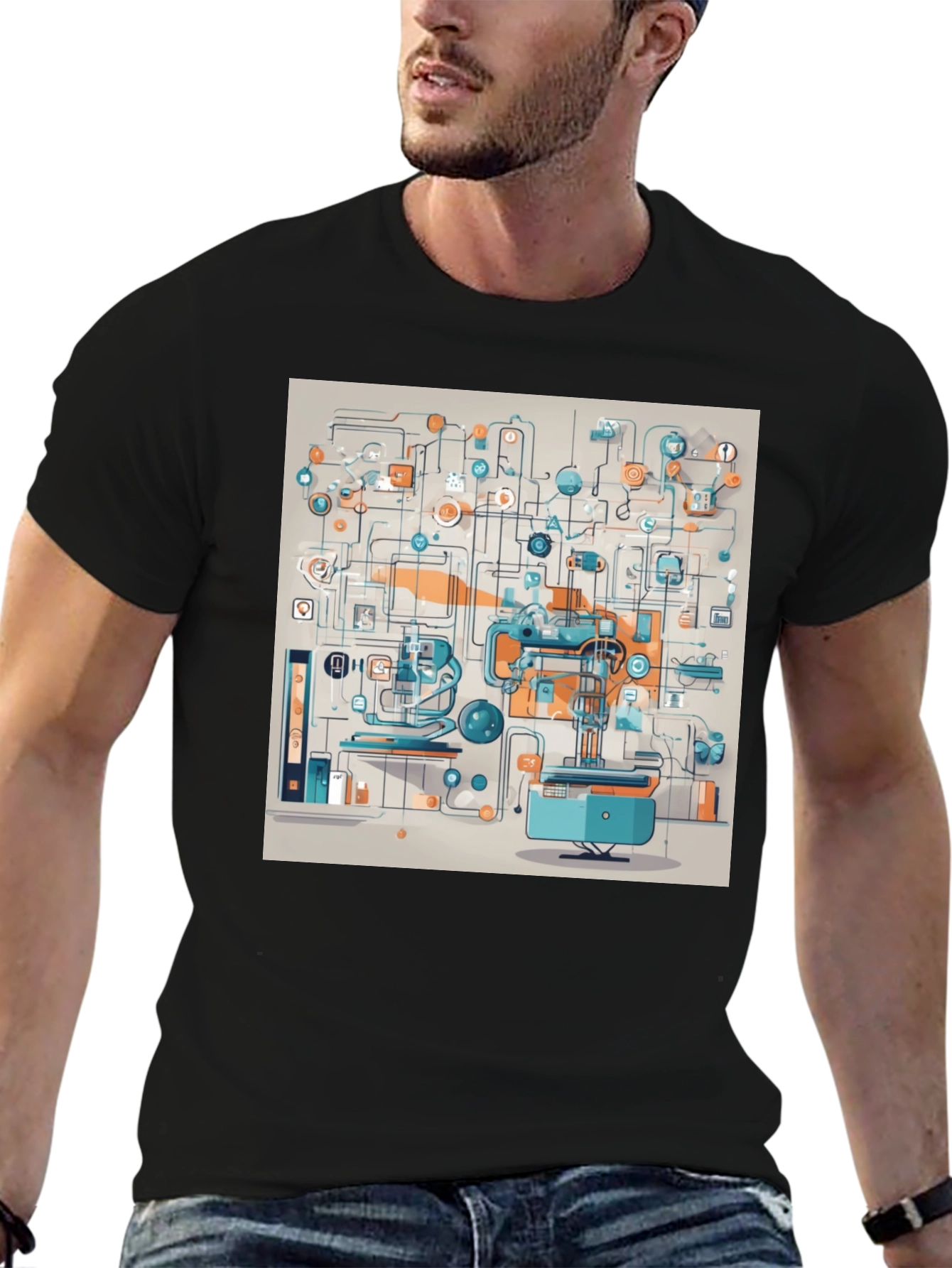 Abstract Machine Print Black T-Shirt