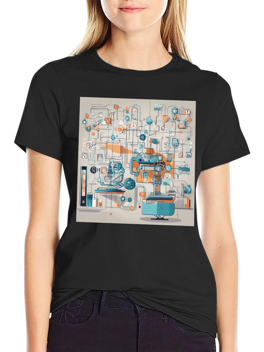 Abstract Machine Print Black T-Shirt