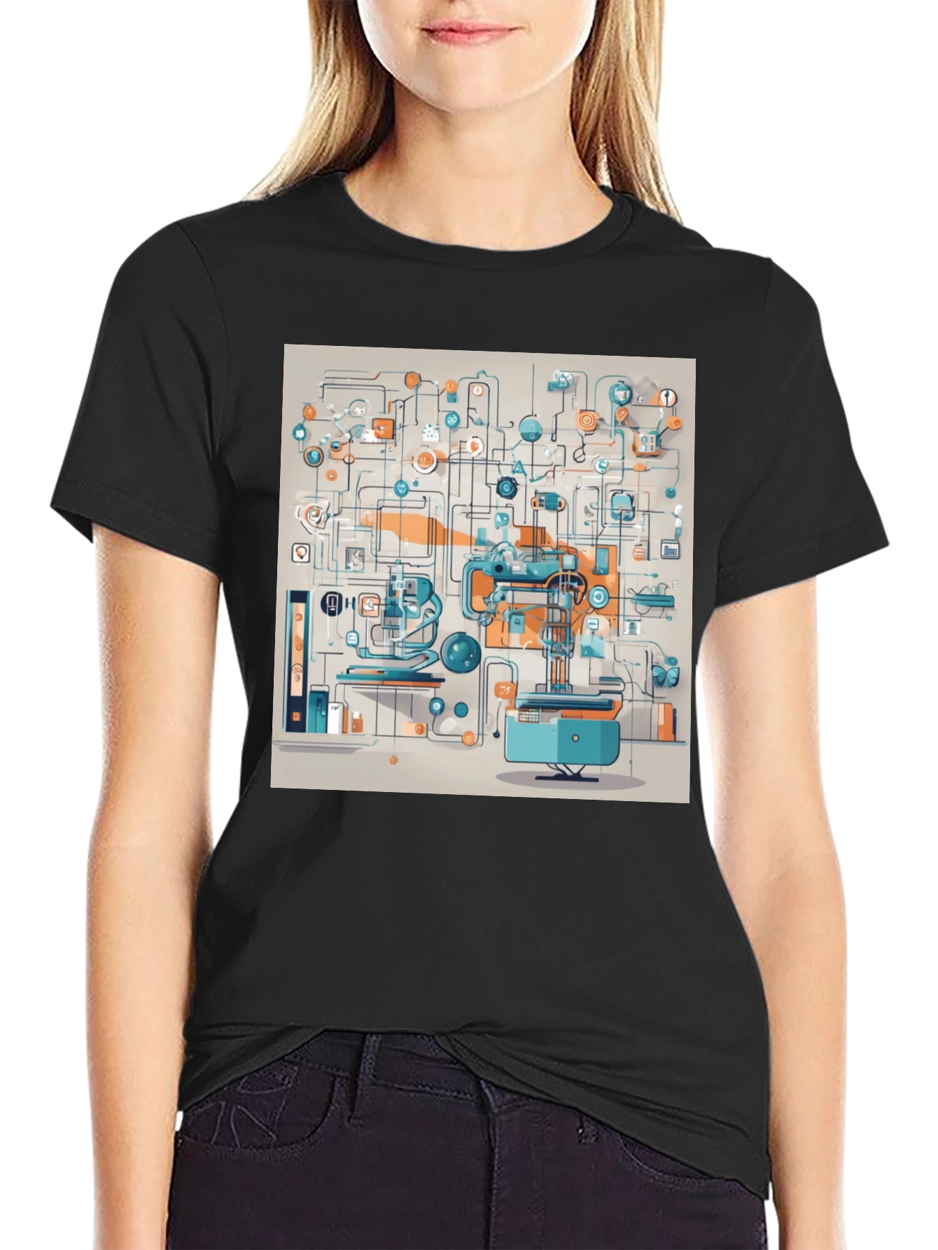 Abstract Machine Print Black T-Shirt