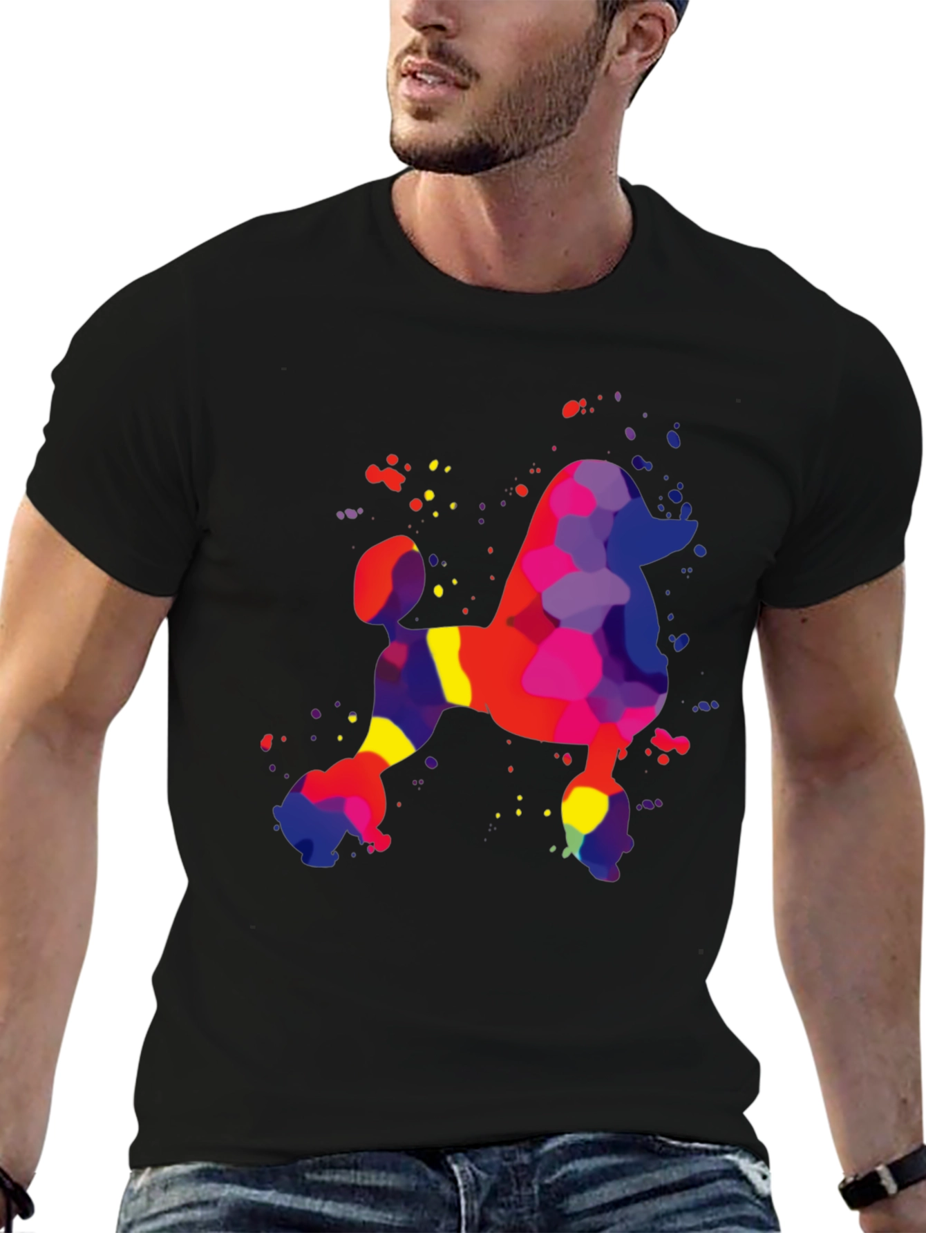 Colorful Poodle Graphic Tee - Black Casual T-Shirt