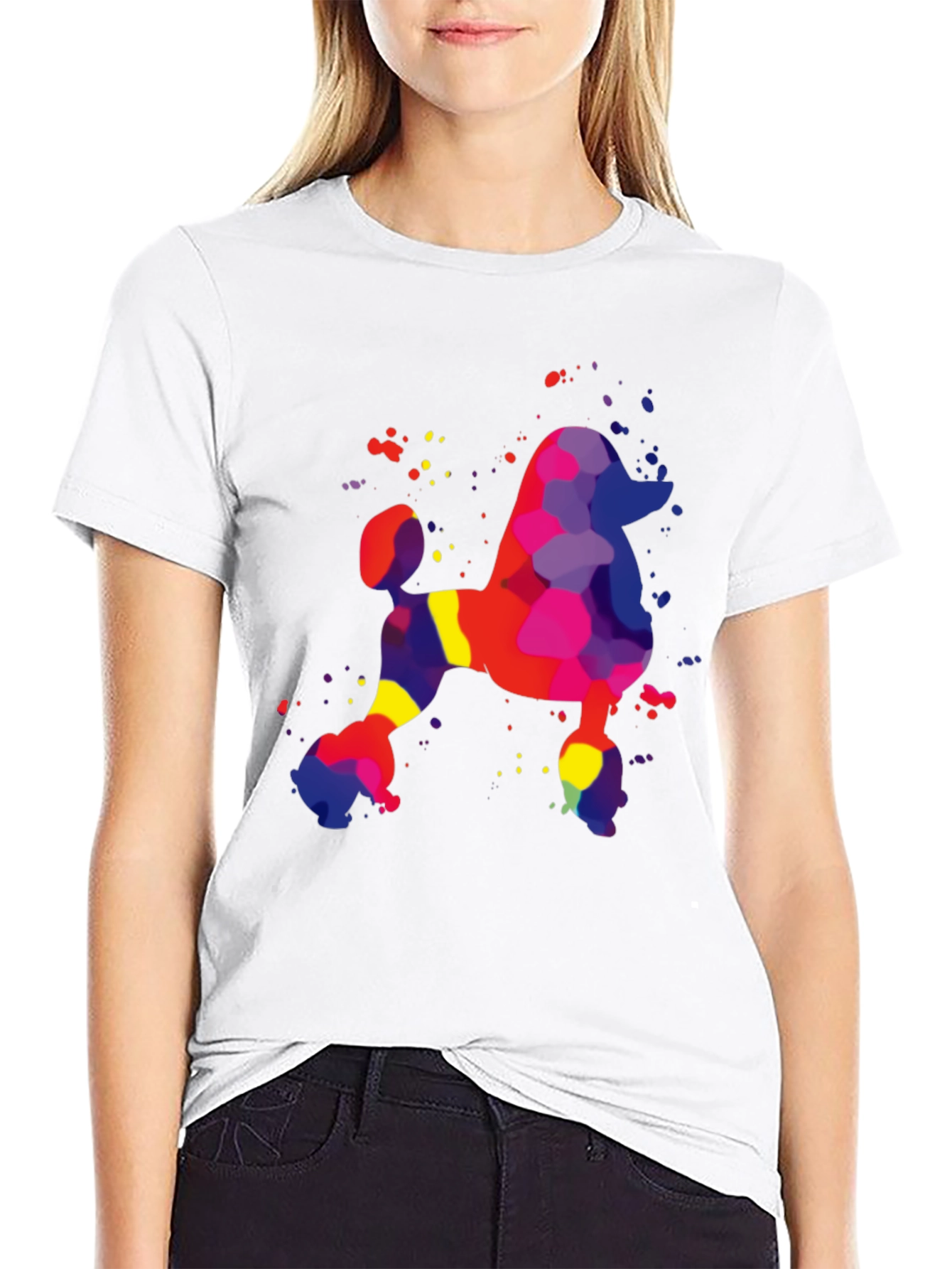 Colorful Poodle Graphic Tee - Black Casual T-Shirt