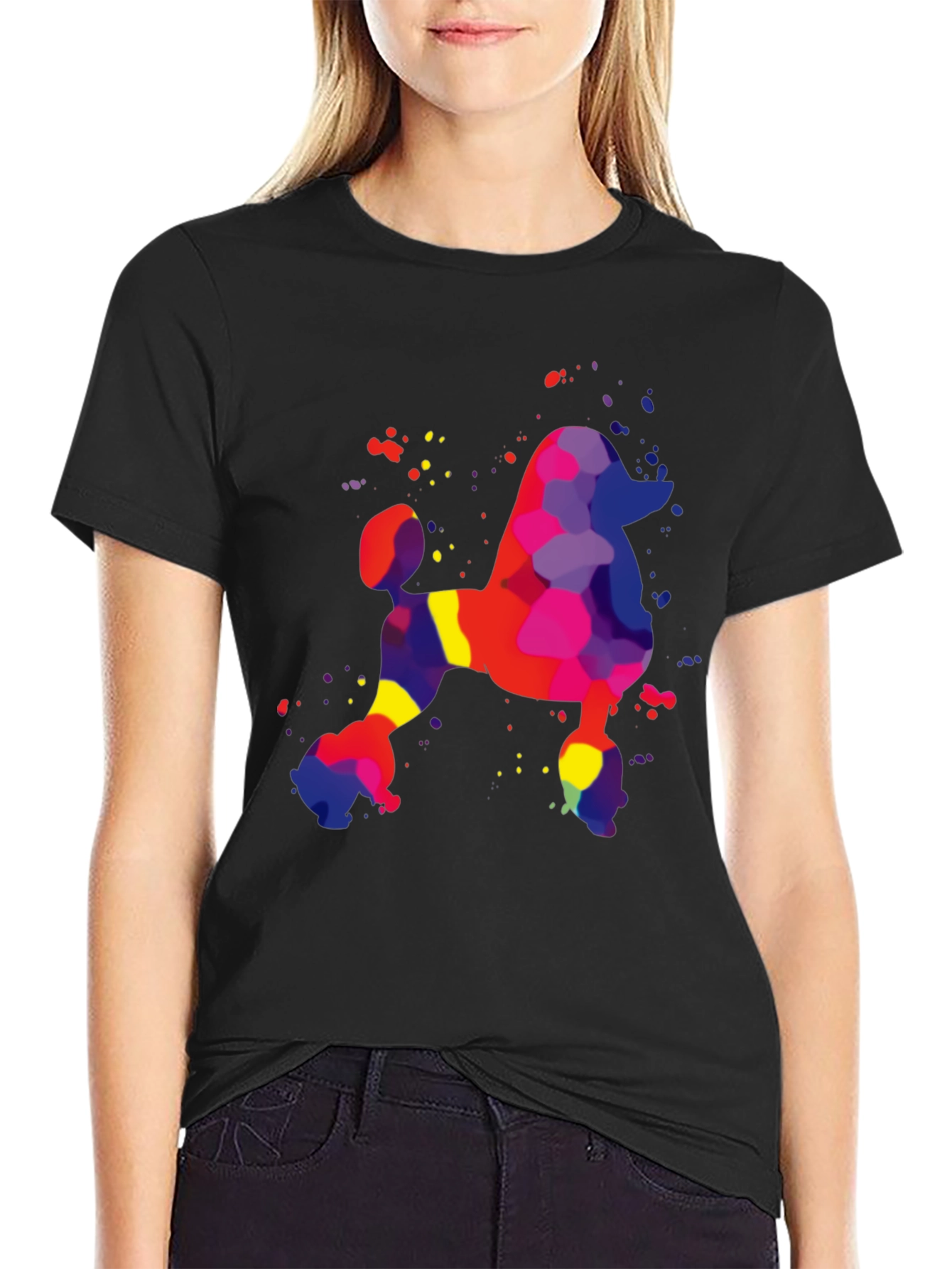 Colorful Poodle Graphic Tee - Black Casual T-Shirt