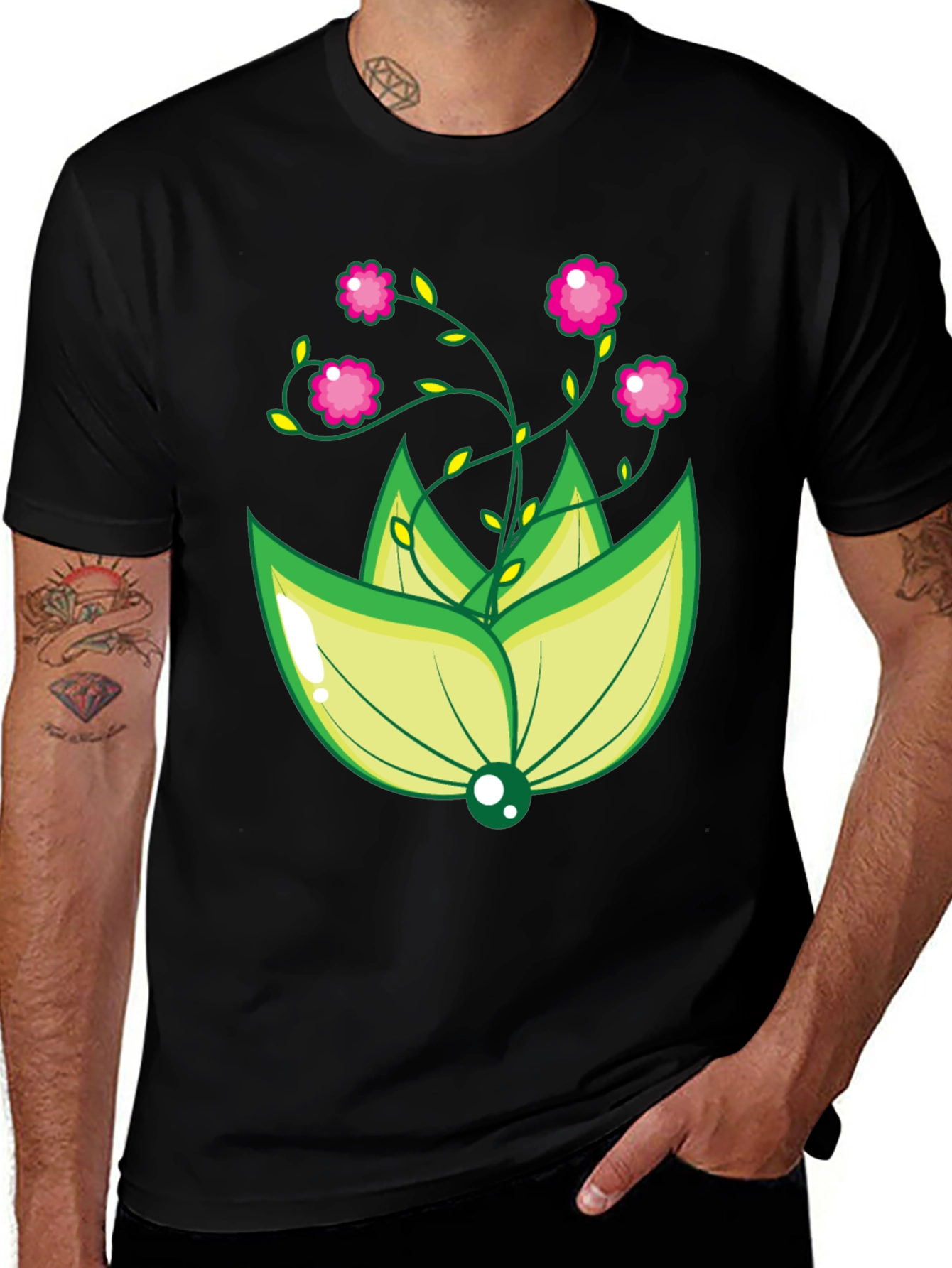Floral Design Black T-Shirt