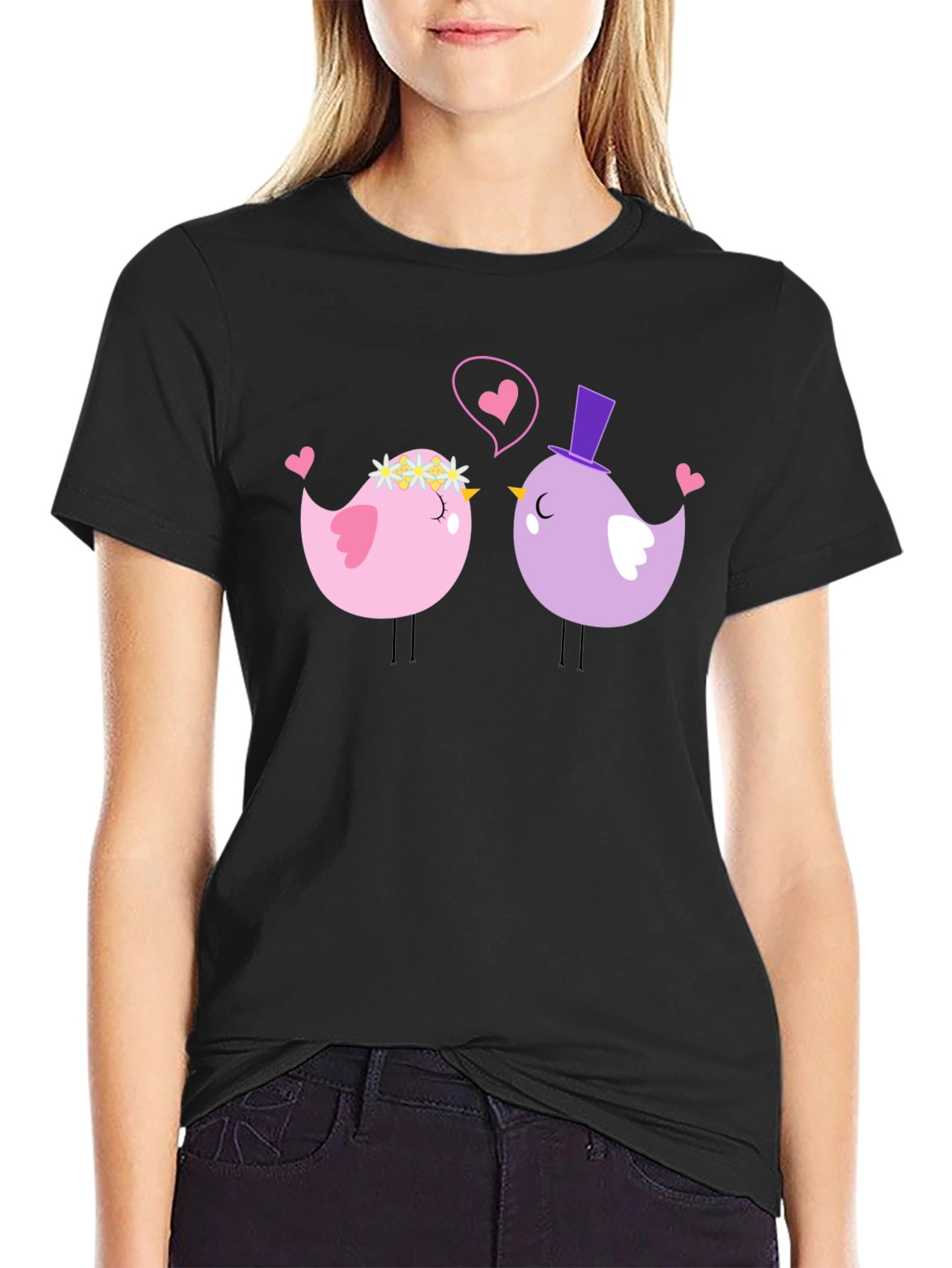 Cute Bird Couple Black T-Shirt