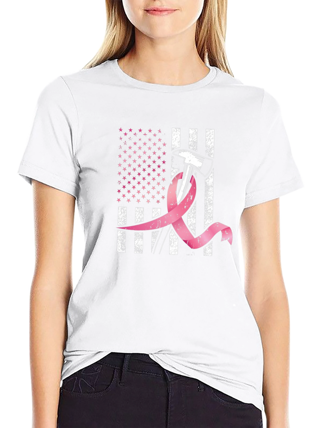 Firefighter Breast Cancer Awareness American Flag T-Shirt