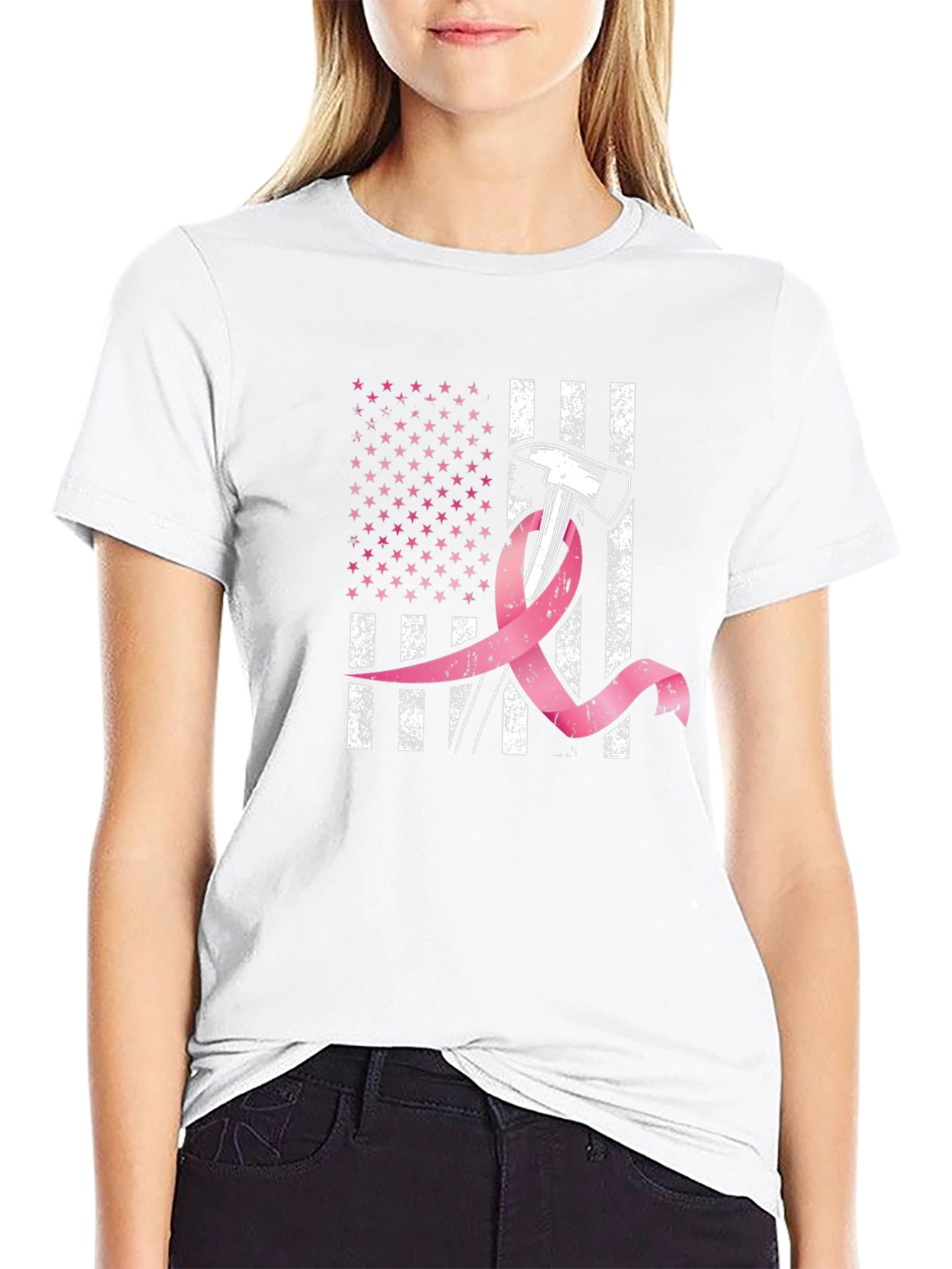 Firefighter Breast Cancer Awareness American Flag T-Shirt