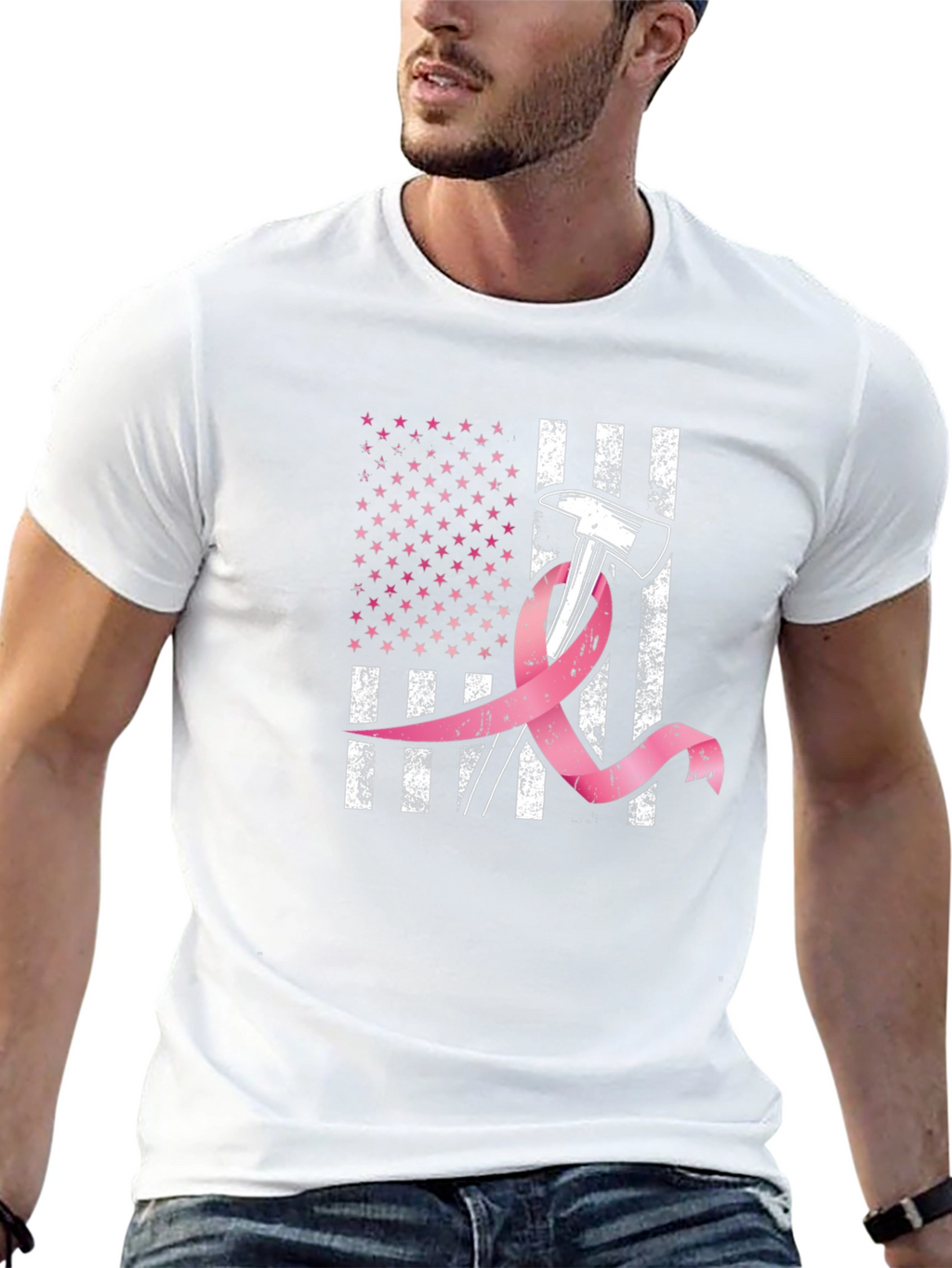 Firefighter Breast Cancer Awareness American Flag T-Shirt