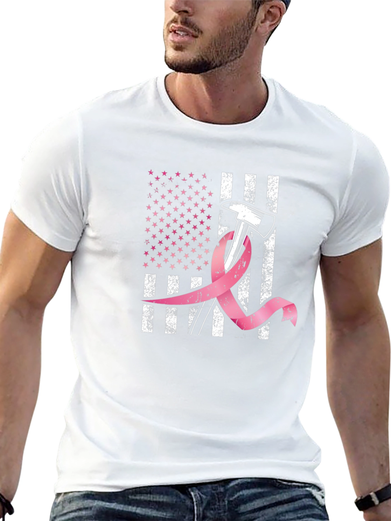 Firefighter Breast Cancer Awareness American Flag T-Shirt