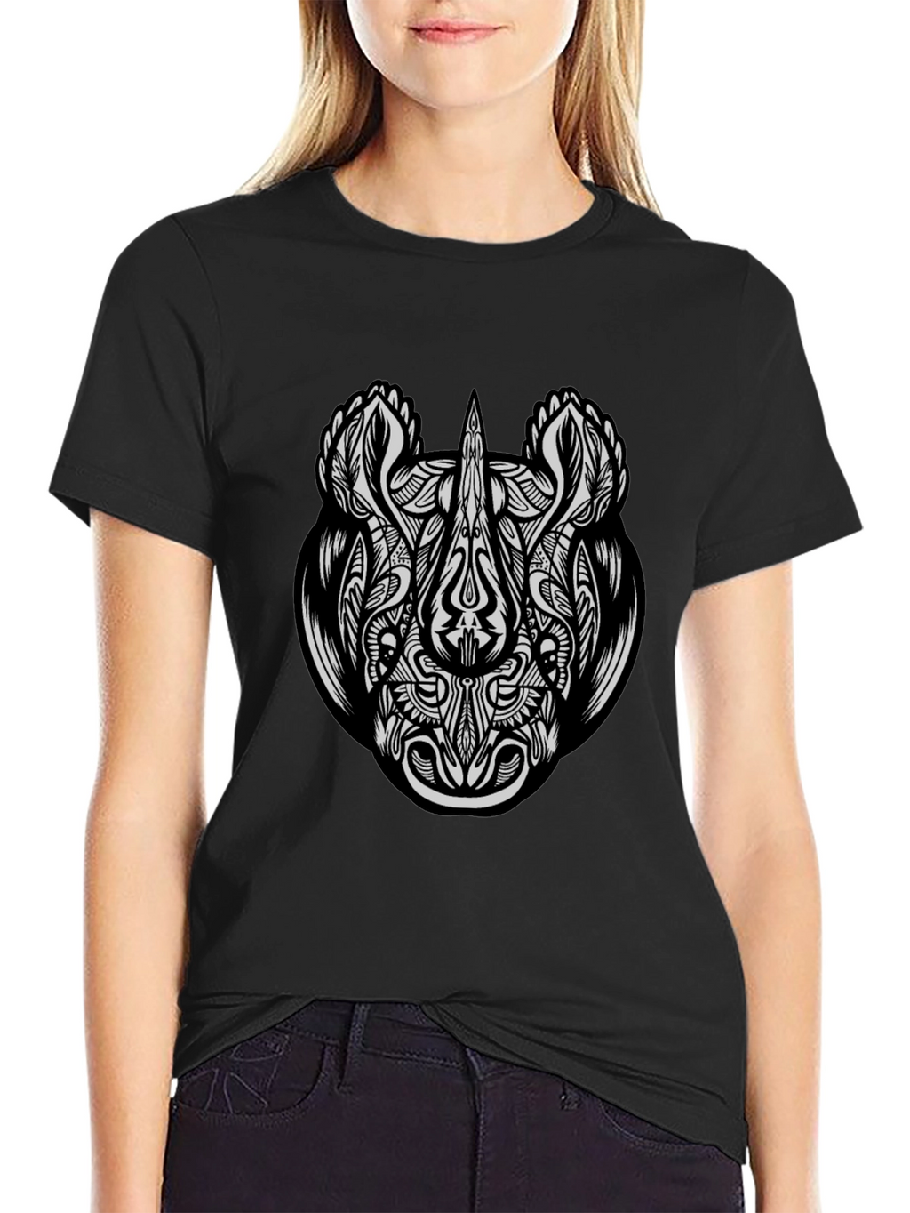 Tribal Rhino Graphic Tee - Black Cotton T-Shirt