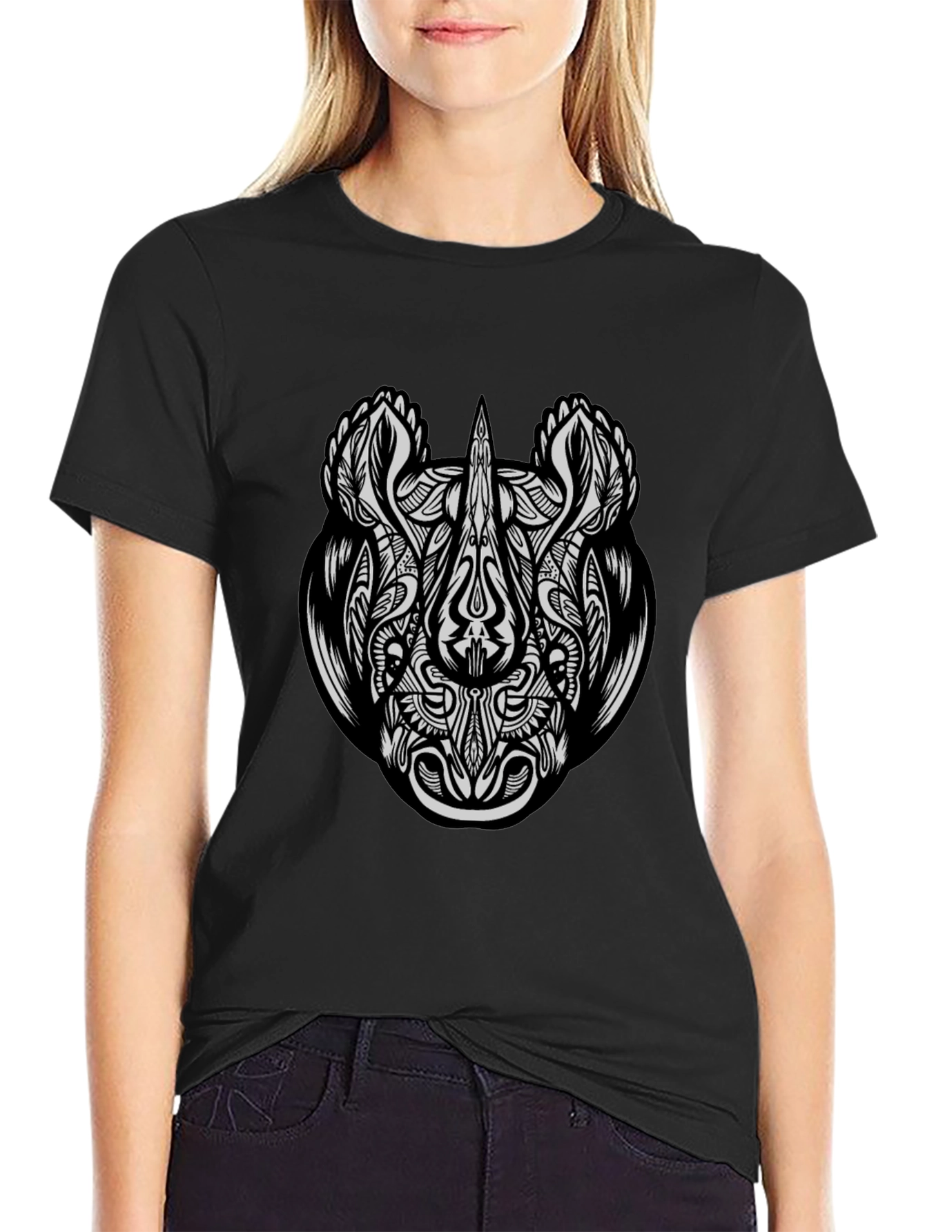 Tribal Rhino Graphic Tee - Black Cotton T-Shirt