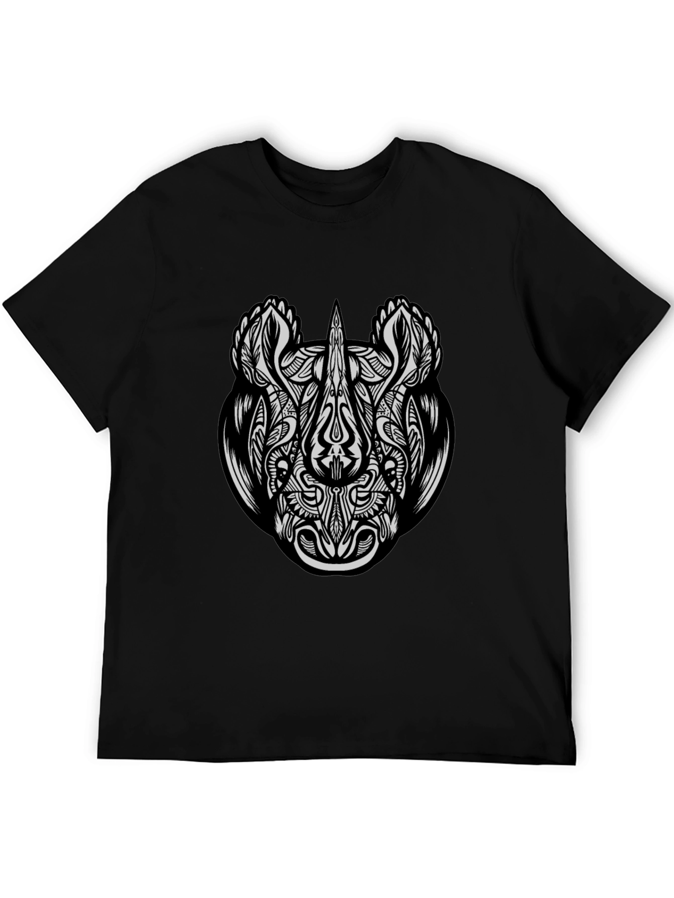 Tribal Rhino Graphic Tee - Black Cotton T-Shirt