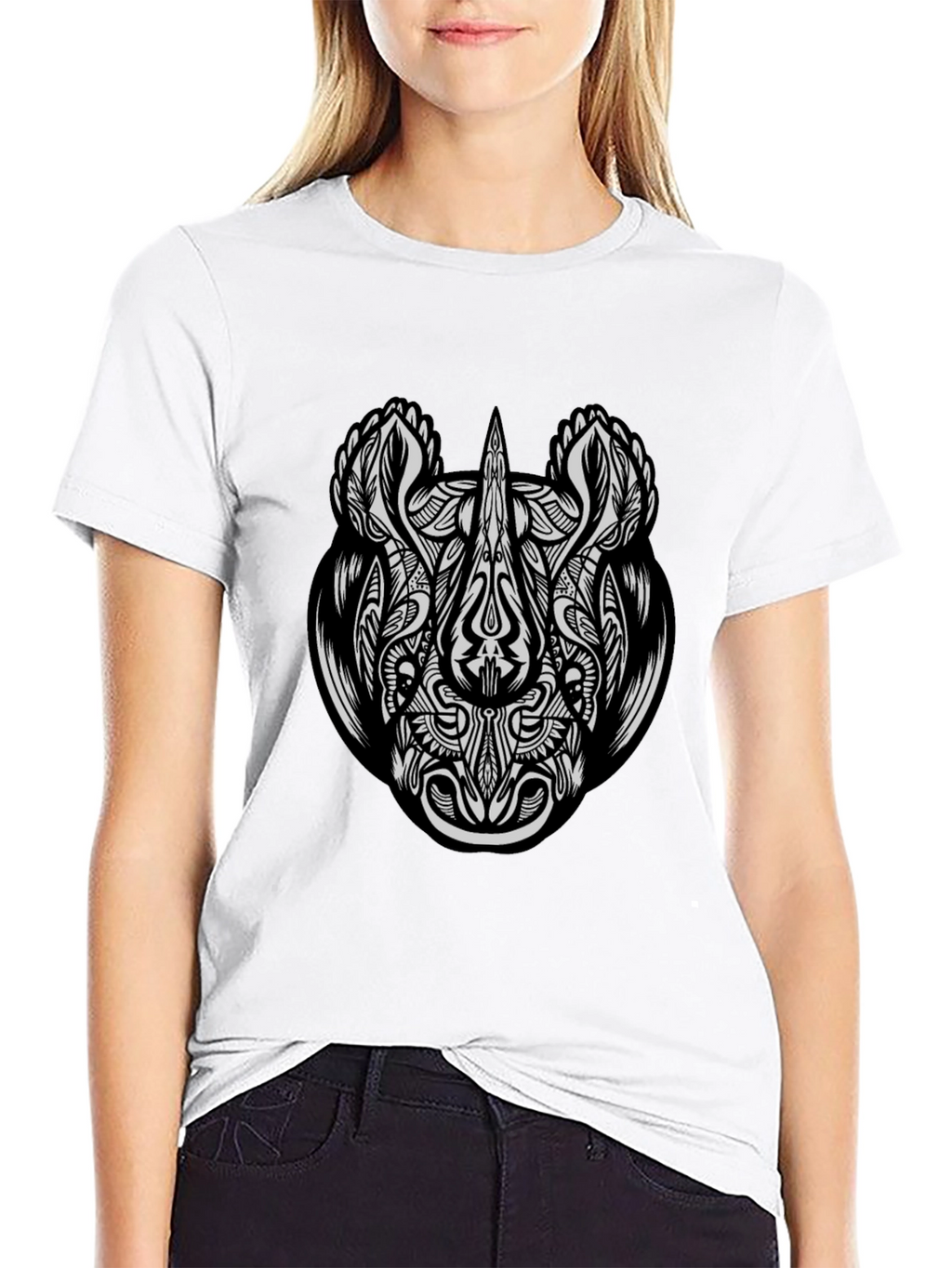 Tribal Rhino Graphic Tee - Black Cotton T-Shirt