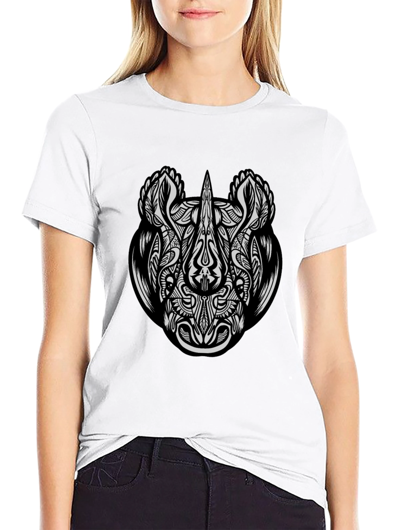 Tribal Rhino Graphic Tee - Black Cotton T-Shirt