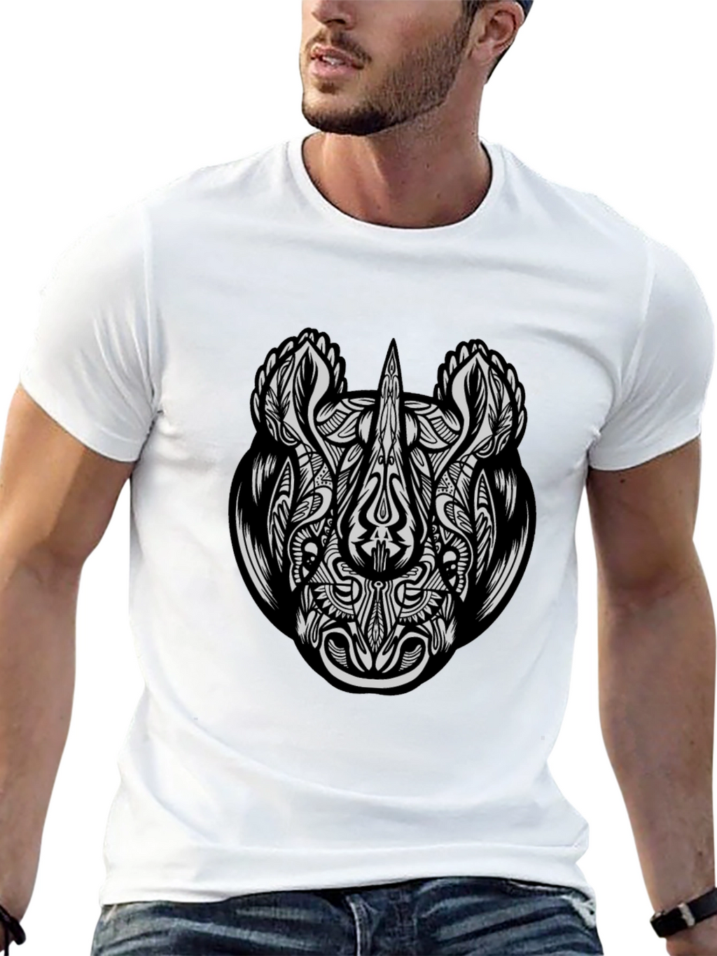 Tribal Rhino Graphic Tee - Black Cotton T-Shirt
