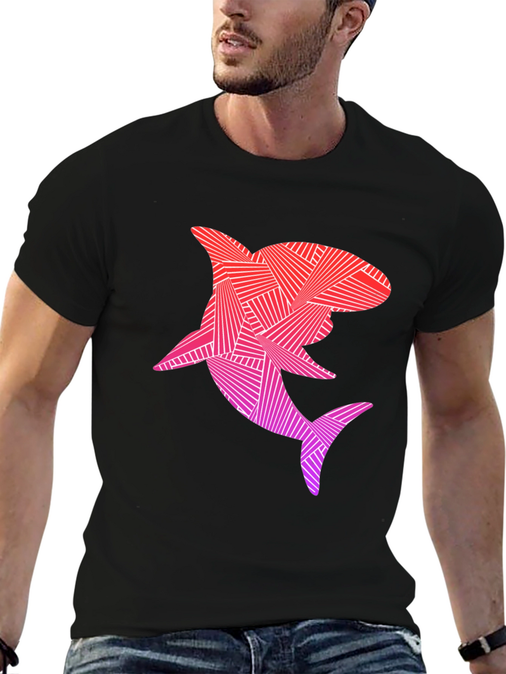 Geometric Shark Graphic T-Shirt - Black