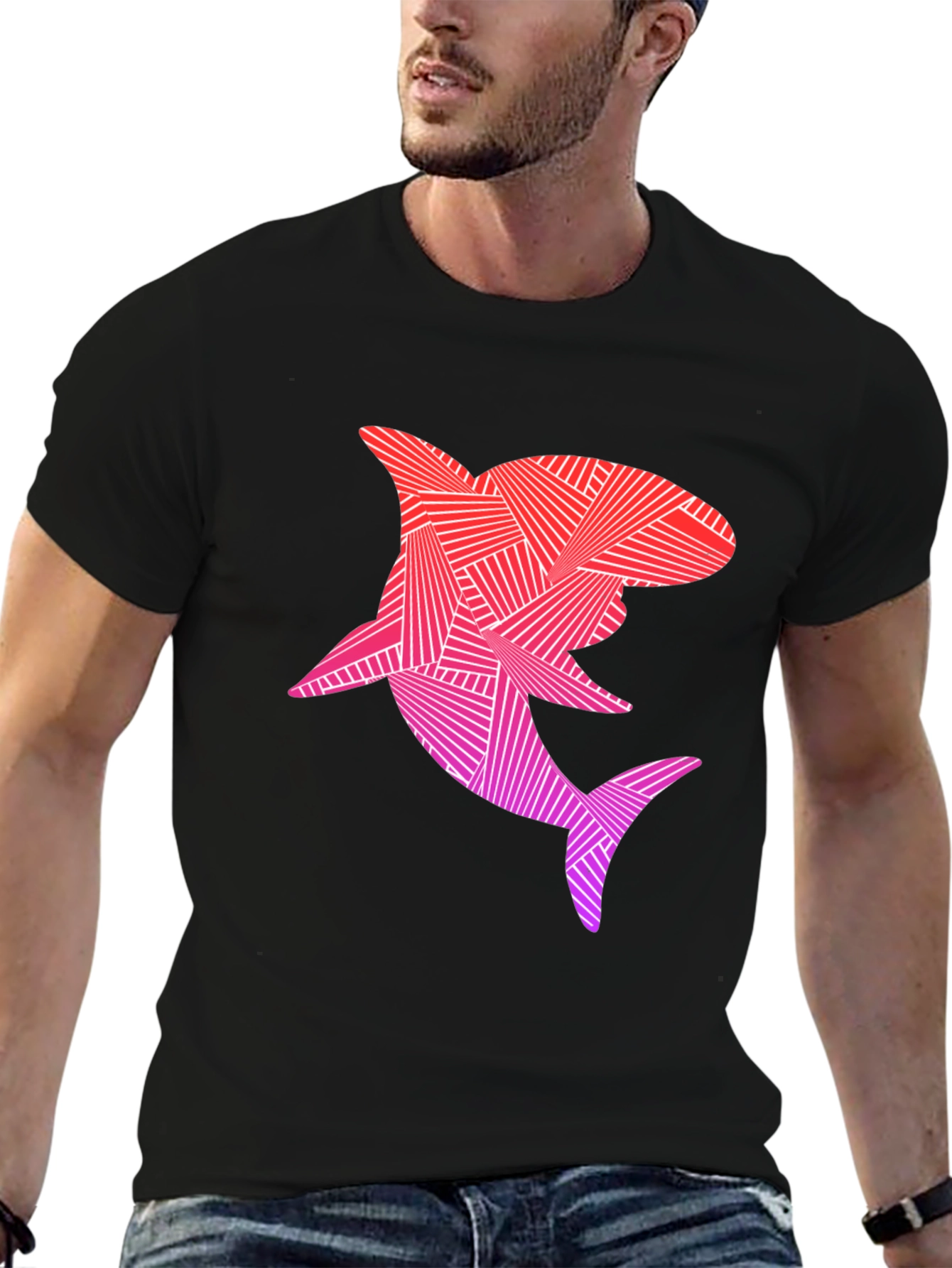 Geometric Shark Graphic T-Shirt - Black