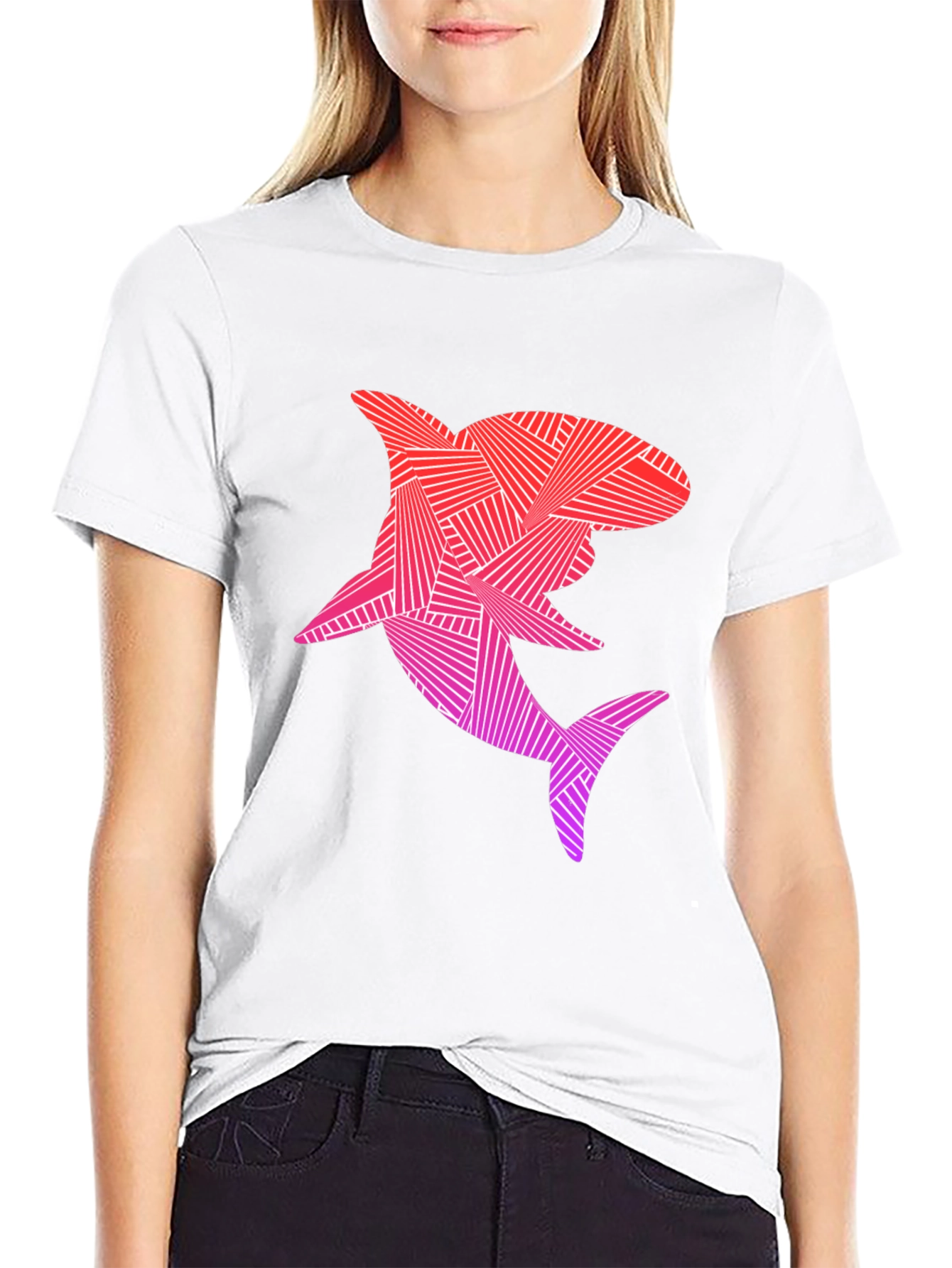 Geometric Shark Graphic T-Shirt - Black