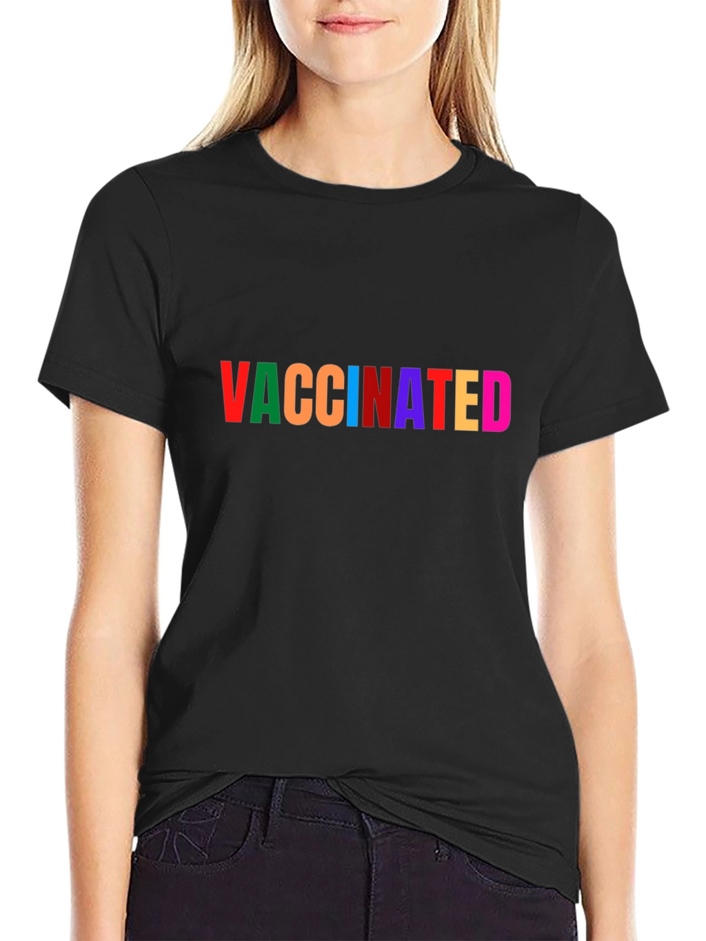 Vaccinated Rainbow Text Black T-Shirt