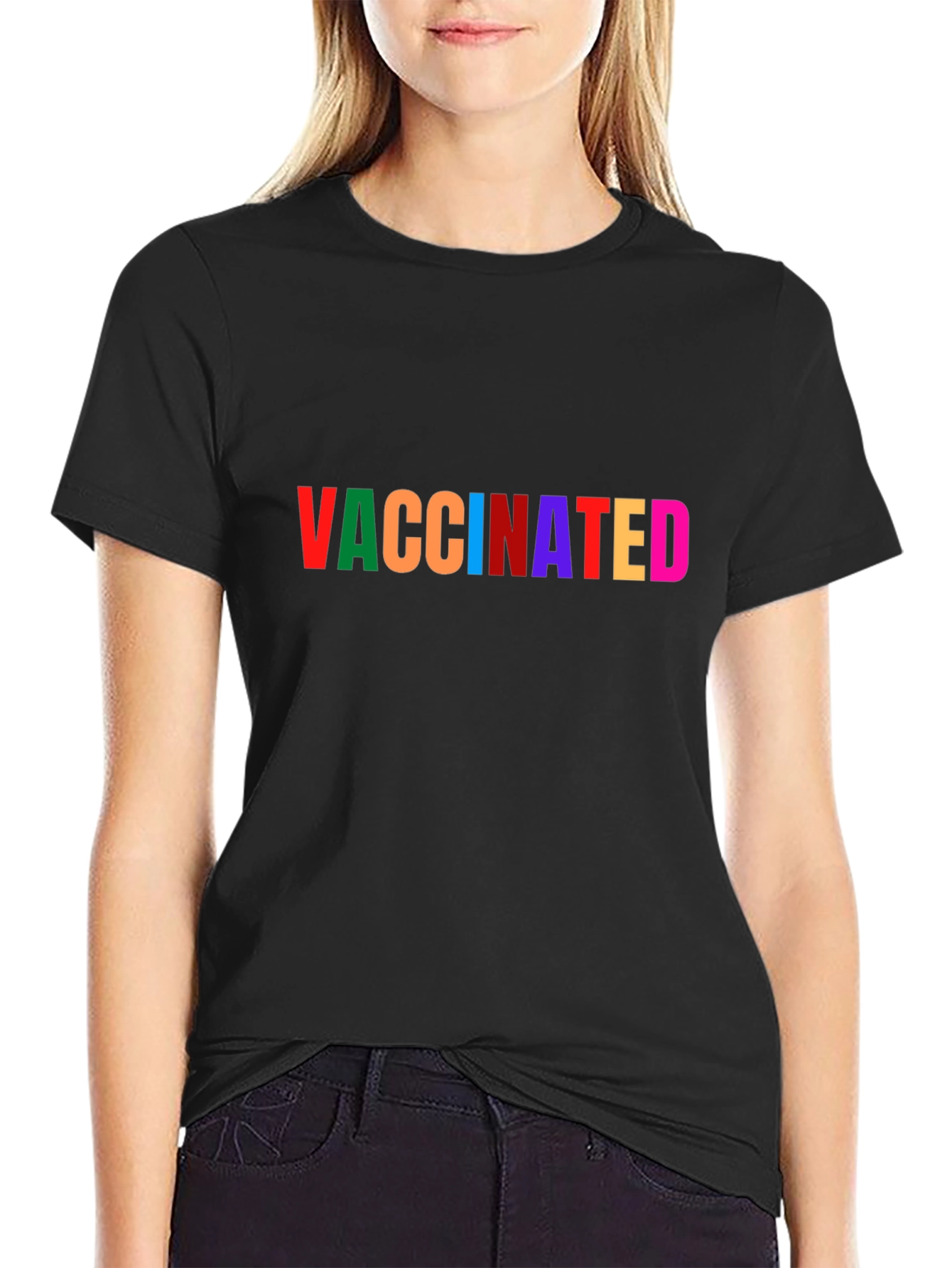 Vaccinated Rainbow Text Black T-Shirt