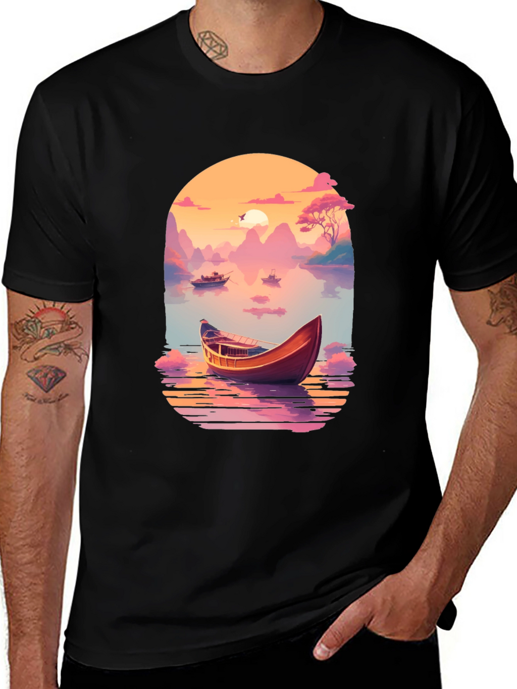 Sunset Lake Boat T-Shirt - Artistic Graphic Tee