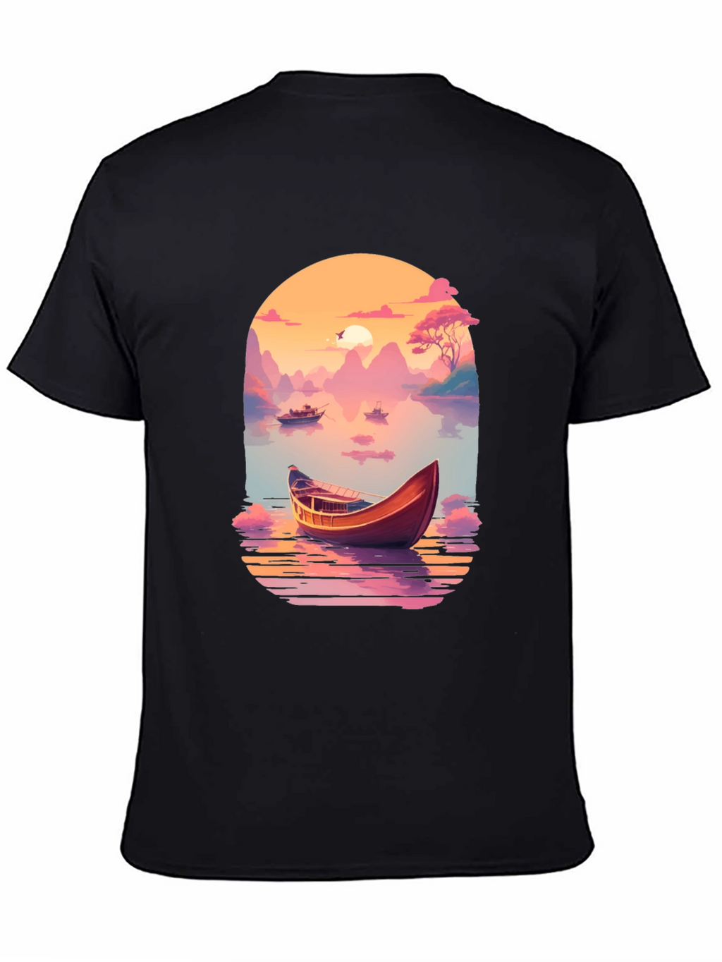 Sunset Lake Boat T-Shirt - Artistic Graphic Tee