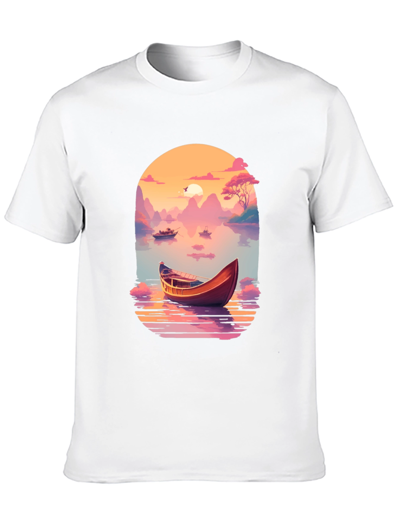 Sunset Lake Boat T-Shirt - Artistic Graphic Tee